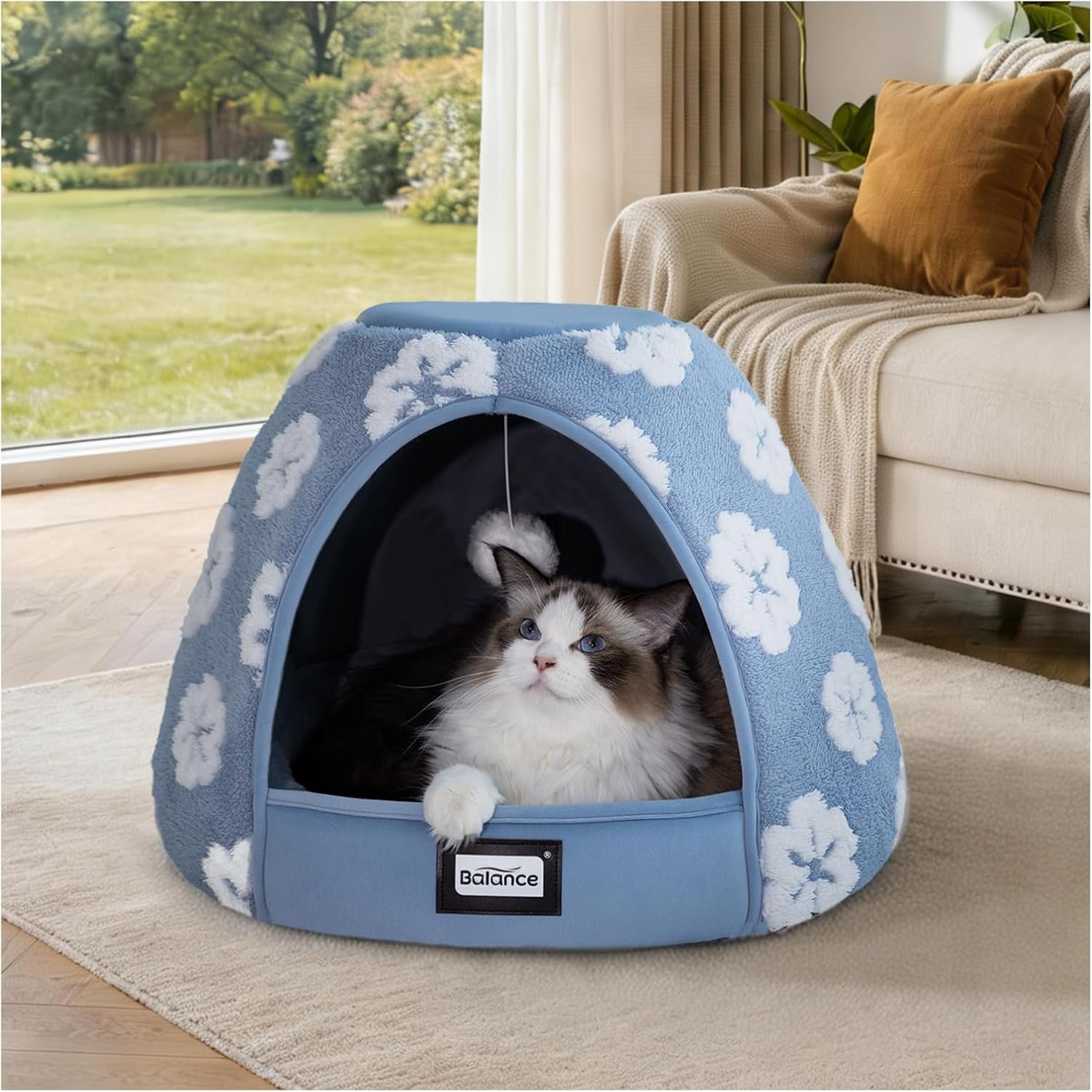 BALANCE Cat Beds for Indoor Cats, 2-in-1 Cat Bed Cave with Anti-Slip Bottom and Ultra-Soft Plush, Cozy Cats House Tent for Kittens and Small Dogs, 19 Inches, Blue
