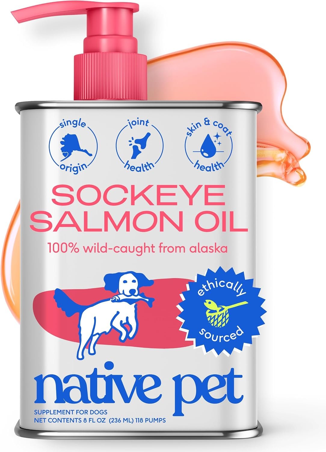 Native Pet Sockeye Salmon Oil for Dogs & Cats – Wild Alaskan Fish Oil for Dogs – Supports Strong Joints, Skin & Coat, Heart Health & Cognition – Single-Origin Pure Omega-3 EPA & DHA – 8oz