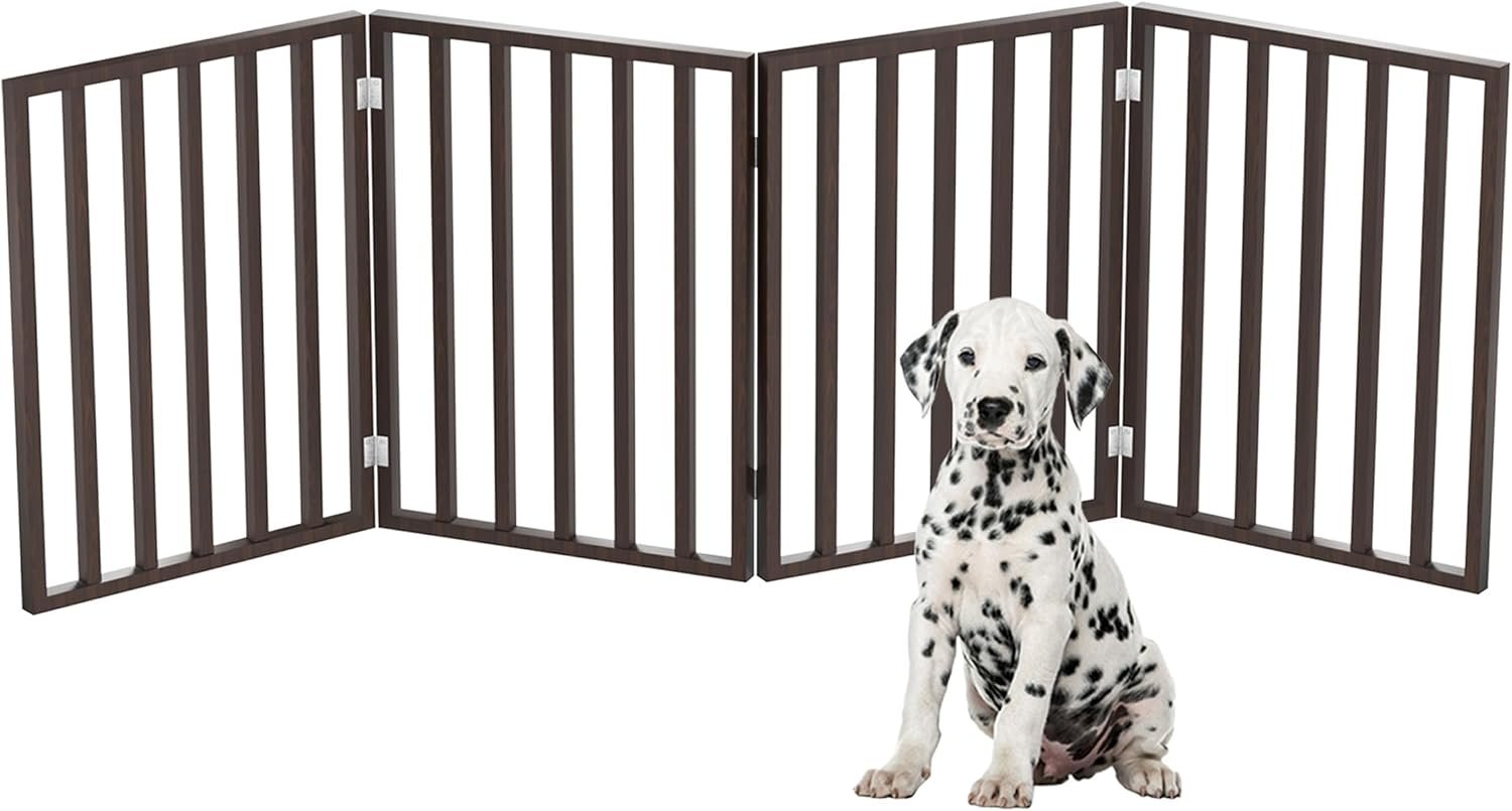 Pet Gate – 4-Panel Indoor Foldable Dog Fence for Stairs, Hallways or Doorways – 72×24-Inch Retractable Wood Freestanding Dog Gates by PETMAKER (Brown)