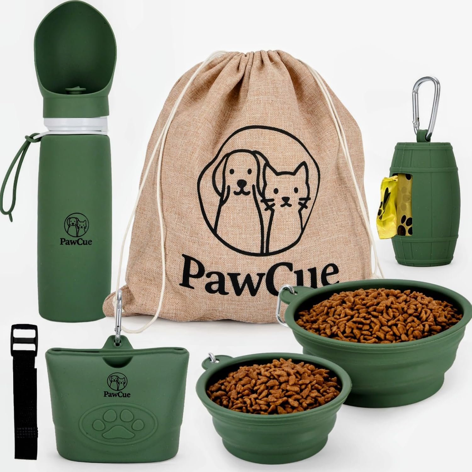Pet Travel Essentials Bundle-Dog Travel Kit with 2 Collapsible Bowls, Silicone Treat Pouch, Collapsible Water Bottle, Mesh Carry Bag, Waste Bag Holder, Hook-and-Loop Strap