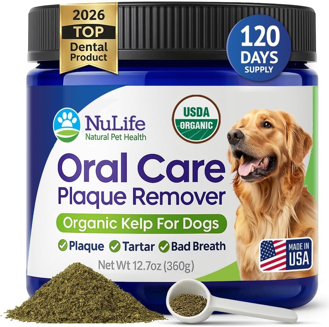 NuLife Natural Pet Health Dog Teeth Cleaning Powder, Dog Plaque and Tartar Remover, Bad Breath Treatment for Dogs with USDA Organic Sea Kelp Powder, Dog Dental Care Made Easy, for All Ages, 12 oz