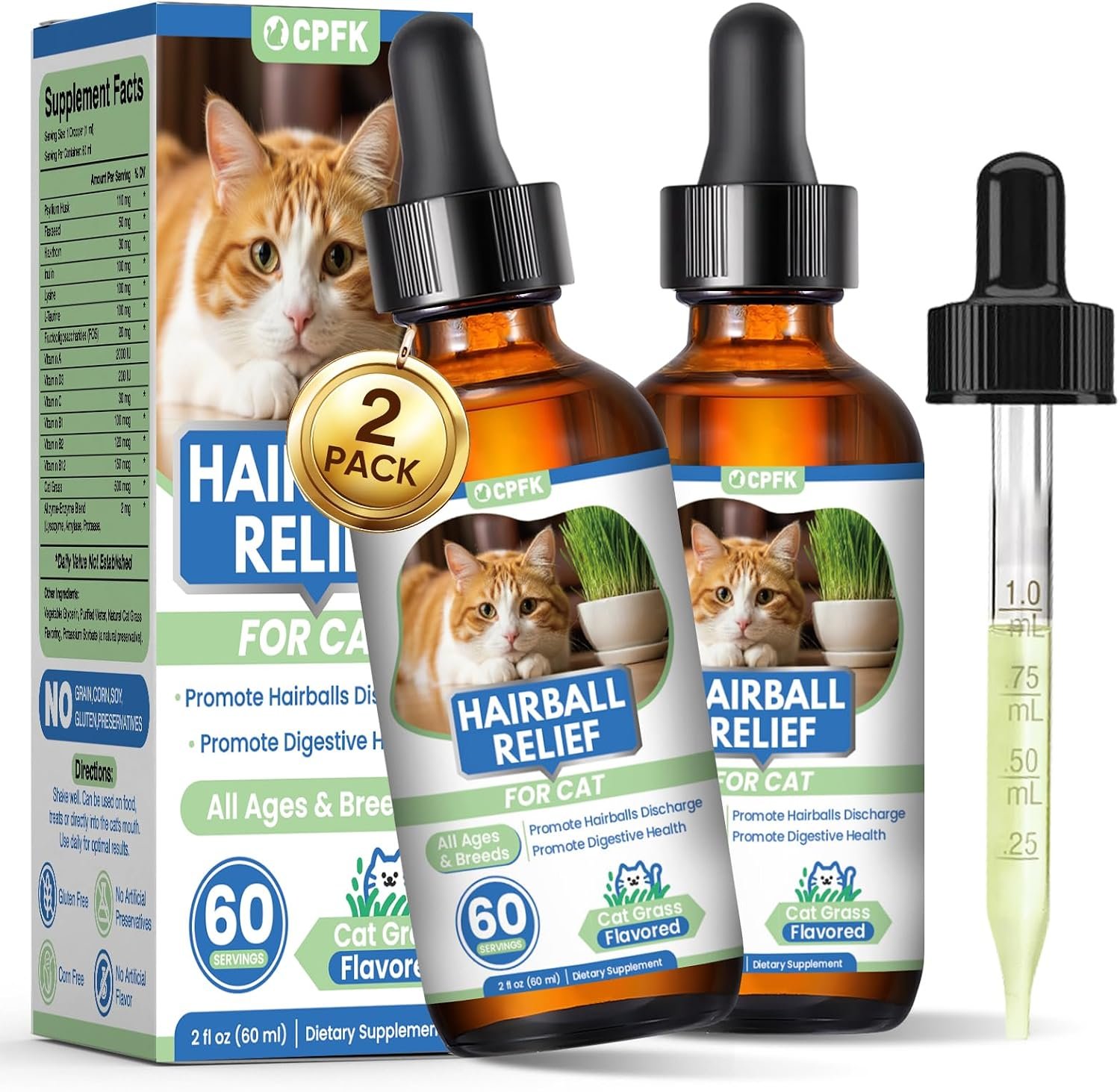 Cat Hairball Remedy Drops 60ml (2 fl oz) 2 Pack for All Breeds & Ages Cats