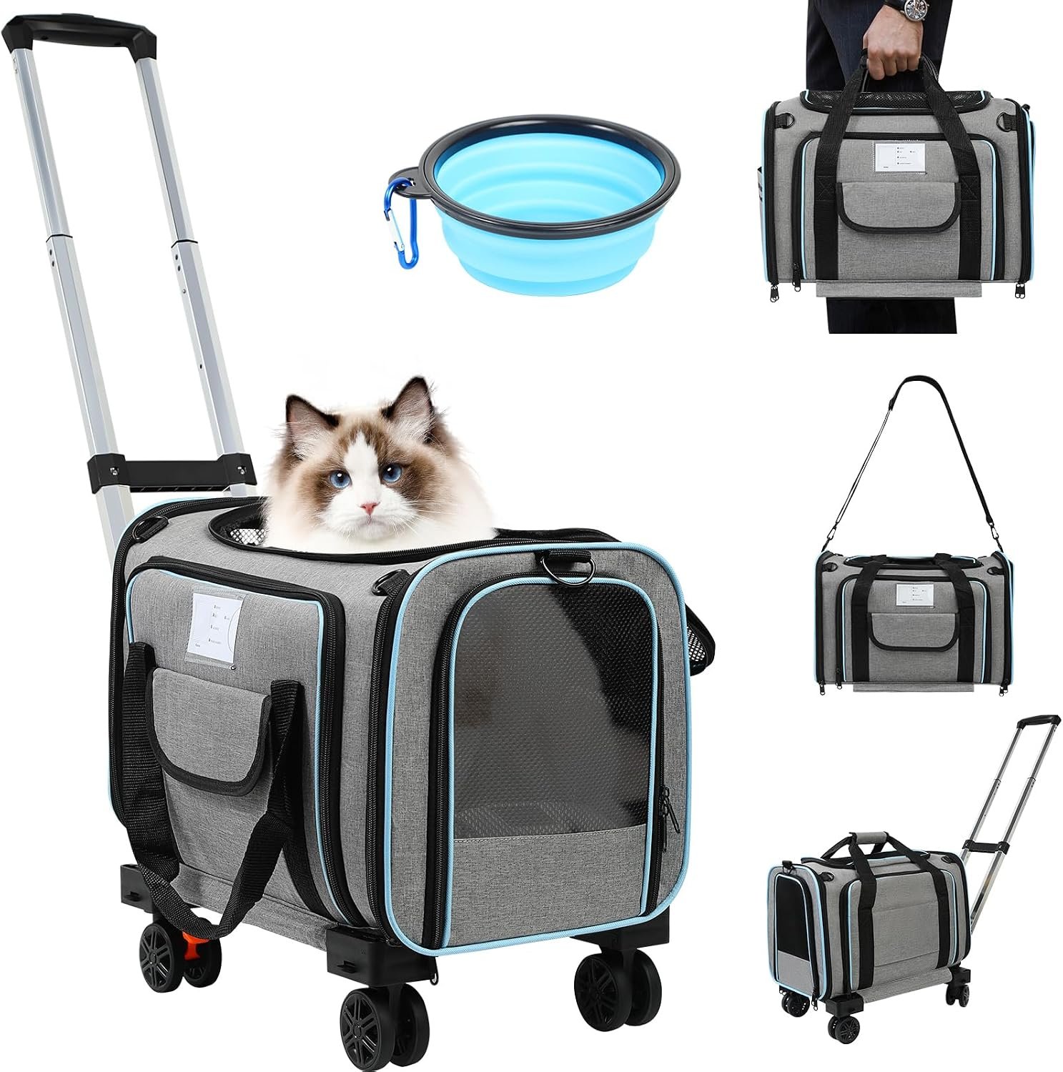 Pet Carrier Airline Approved, Expandable Pet Cat Carriers with Wheels for Dogs, Airline Approved Cat Dog Carrier, TSA Approved Pet Carrier in Cabin, Pet Dog Cat Carrier Soft, Cat Travel Carrier(Grey)