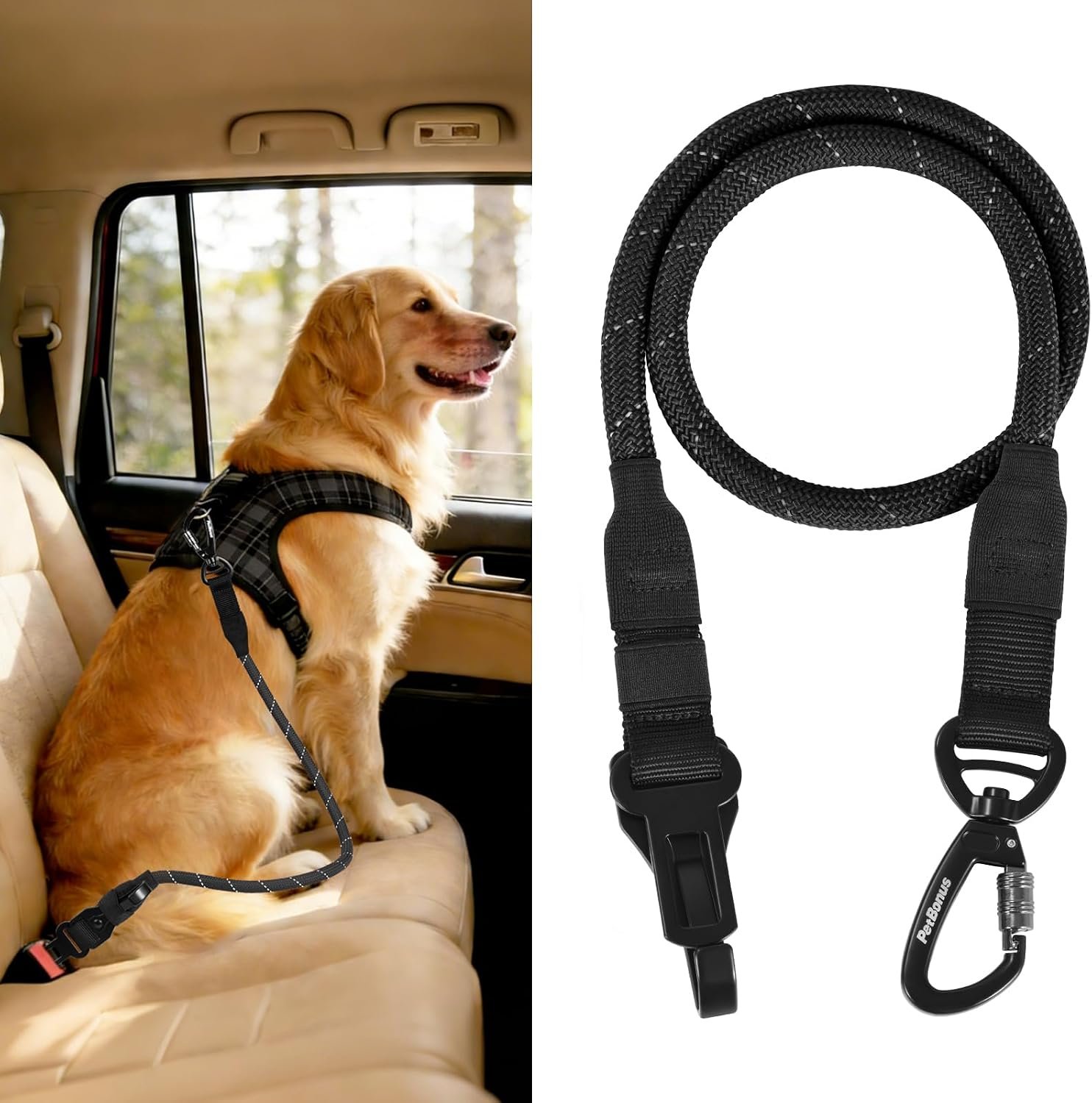 PetBonus Dog Seat Belt for Car, Durable Rope Dog Car Harness for Vehicle