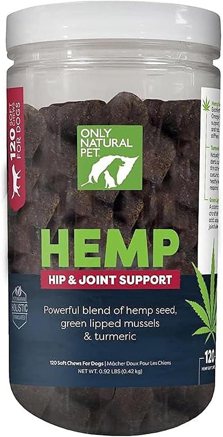 Only Natural Pet Hemp Hip & Joint Support for Dogs – Supplement for Mobility Wellness Pain Relief Healthy Inflammatory & Bone Stiffness – Chews w/Fatty Acid Blend Mussels & Turmeric – 120 Count (H/J)