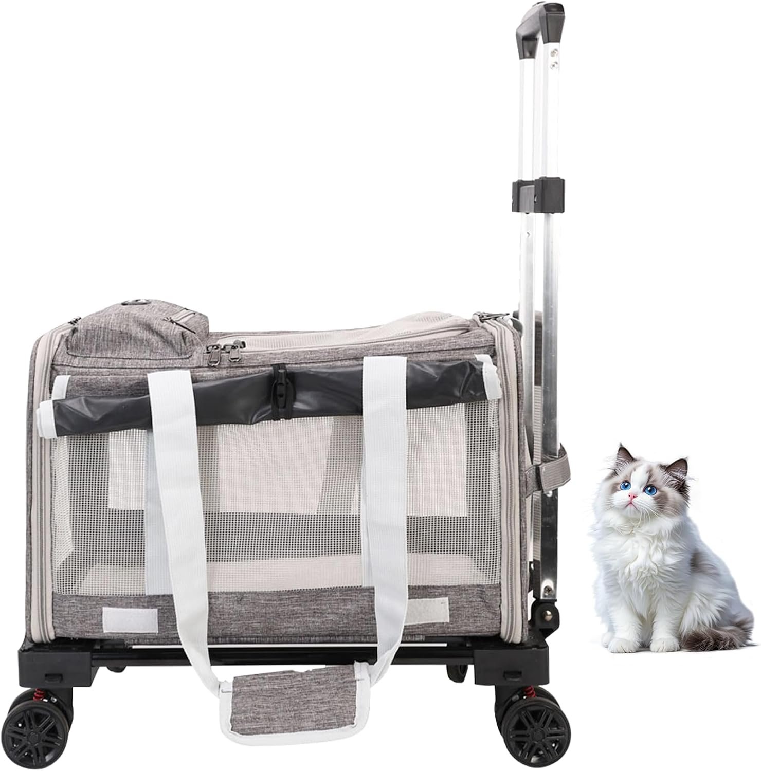 Pet Carrier with Wheels – Soft-Side Wheeled Cat Carrier for Dogs with Telescopic Handle, Collapsible Rolling Pet Travel Bag Carrier for Large Cats Small Medium Dogs for Camping Vet Visiting Grey