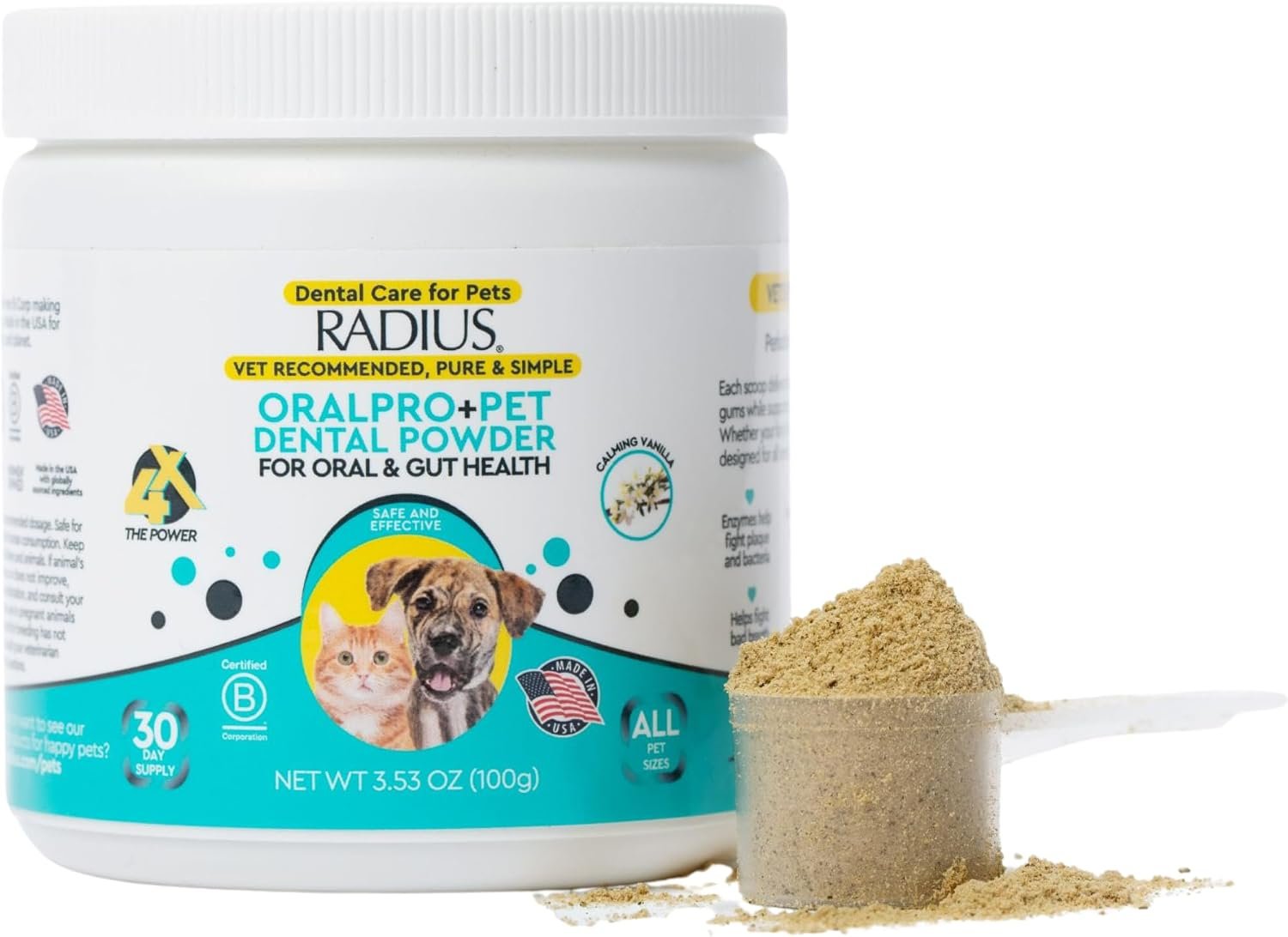 Radius OralPro+ Pet Dental and Gut Powder – Enzyme-Powered Dog and Cat Plaque and Tartar Remover – Natural Vanilla Daily Meal Topper for Fresher Breath & Digestive Balance – 3.5 Oz, Scoop Included