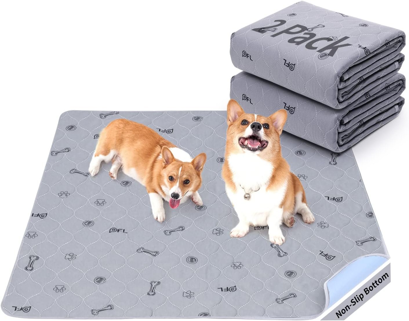 Washable Pee Pads for Dogs, 2Pack Puppy Pads Washable with Bone Print,Absorbent Reusable Whelping Pads Non-Slip Dog Mats for Floor Protector, Couch Cover, Crate, Potty Training 31×36