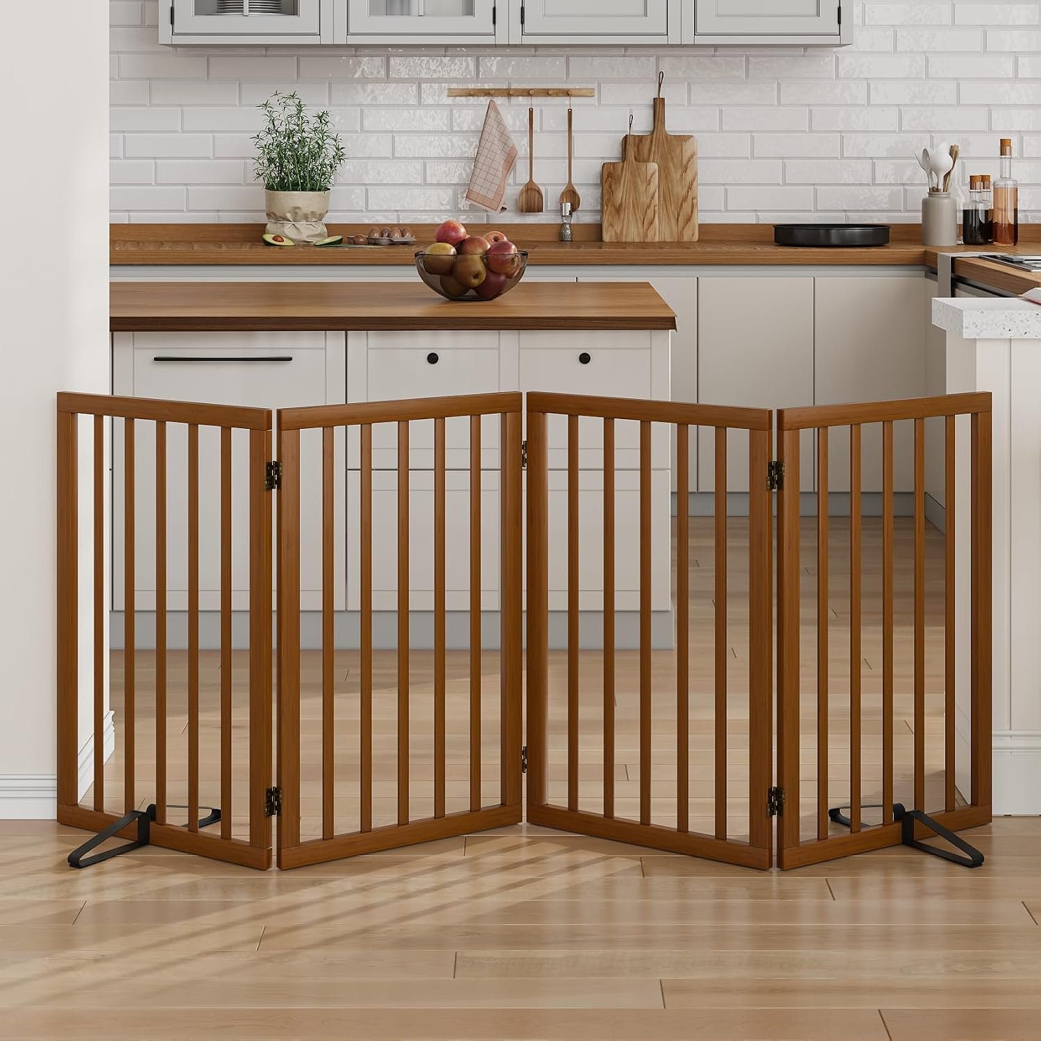 Dog Gate 32″ Tall Foldable Dog Gate for Doorways Freestanding Pet Gate for Dogs Indoor (Walnut, 4 Panel)