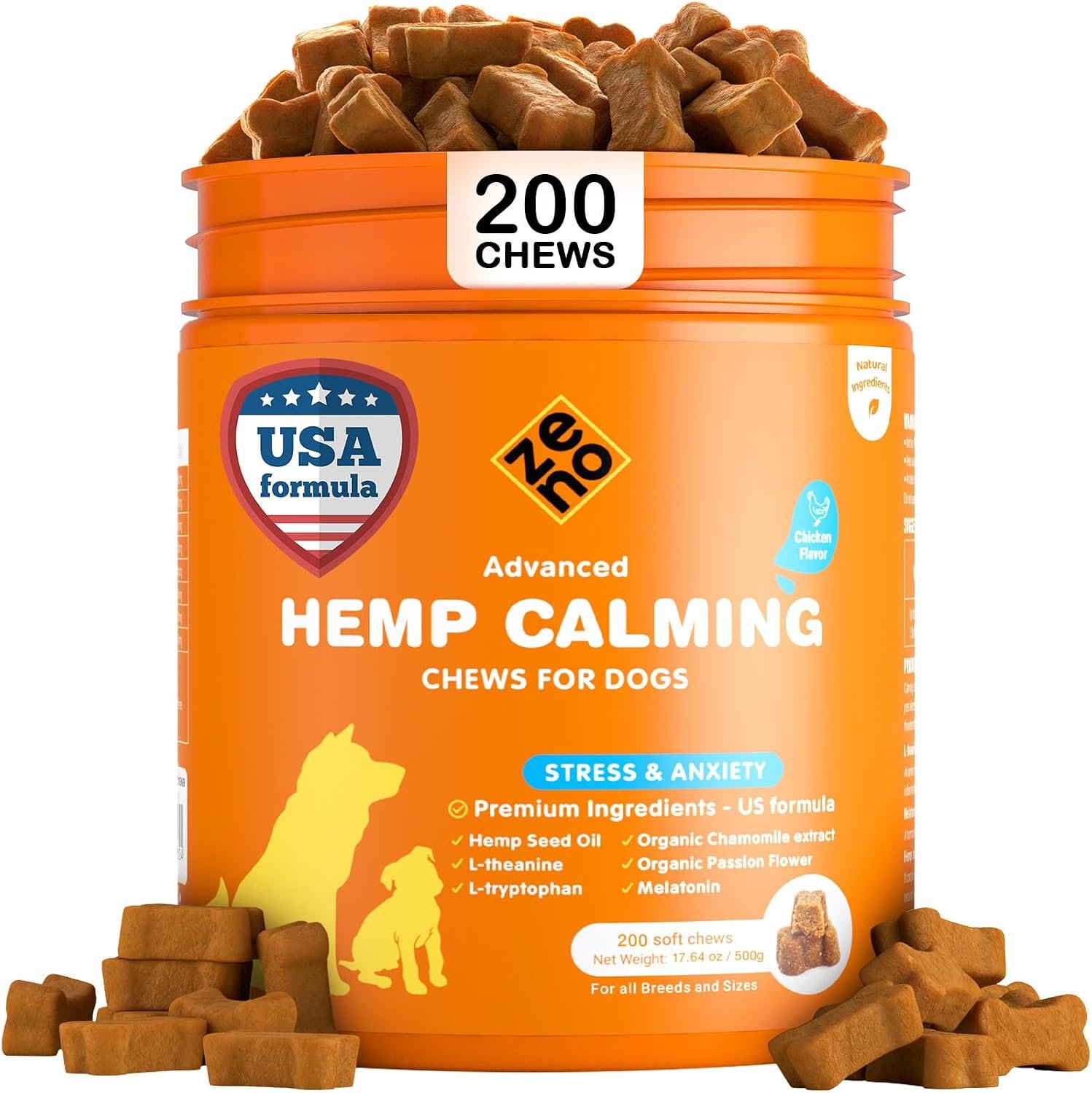 ZENO Hemp Calming Chews for Dogs Anxiety 200 pcs – Chicken Flavored – Anxiety Relief – Calming Chews Treats – Melatonin for Dogs – for Stress, Travel, Check-up, Barking or Grooming