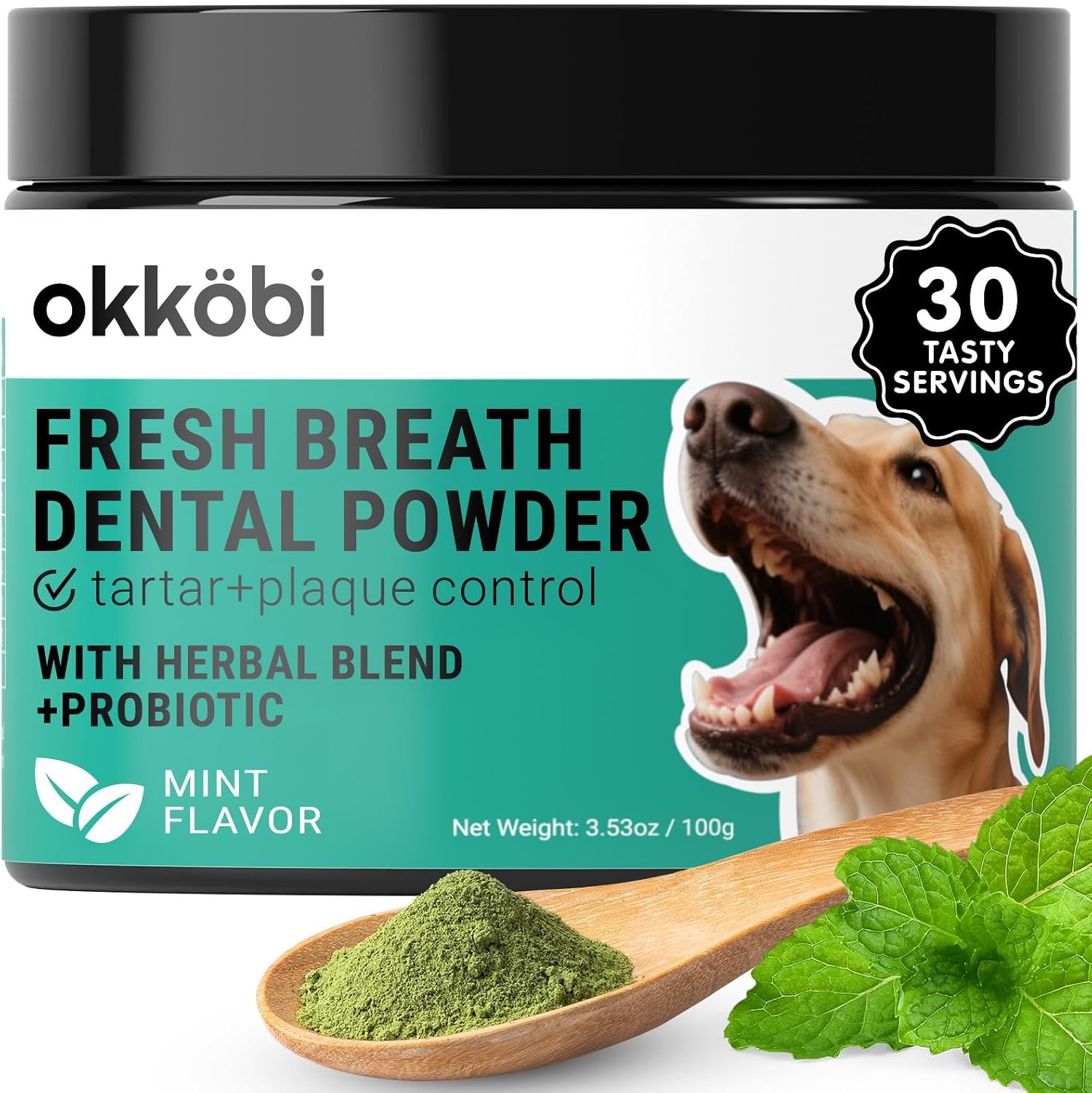 Dog Teeth Cleaning Powder – Dog Breath Freshener + Dental Care for Doggies & Cats + Tartar Remover for Teeth with Natural Ingredients + Probiotics Blend (Mint – 100g)