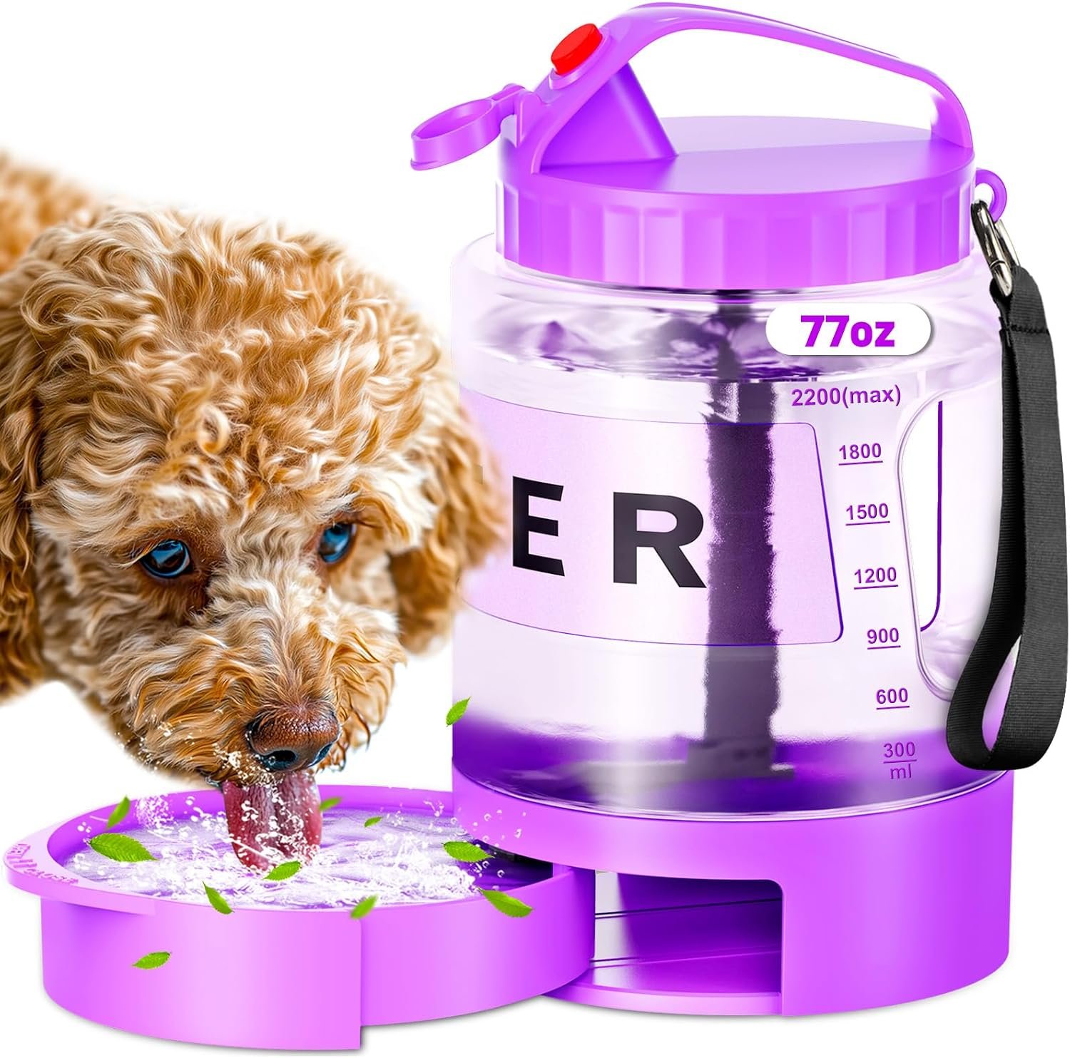 77oz Large Dog Water Bottle – Portable Travel Dog Water Dispenser & Bowl – Leak-Proof Pet Water Jug for Hiking, Camping, Walking & Car Trips, Purple