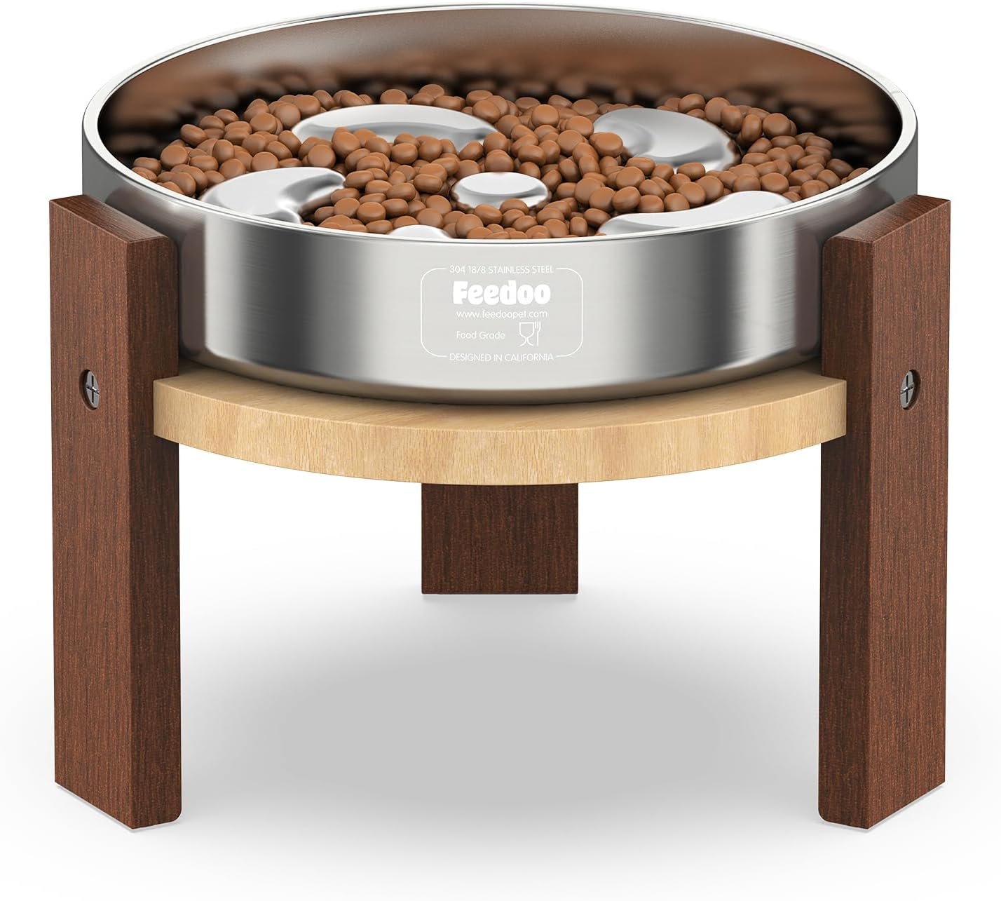 Feedoo Elevated Dog Bowl Stand, 6” Height Raised Stand for Medium Dogs, Includes 2Cups Stainless Steel Slow Feeder Dog Bowl, Durable Solid Hardwood