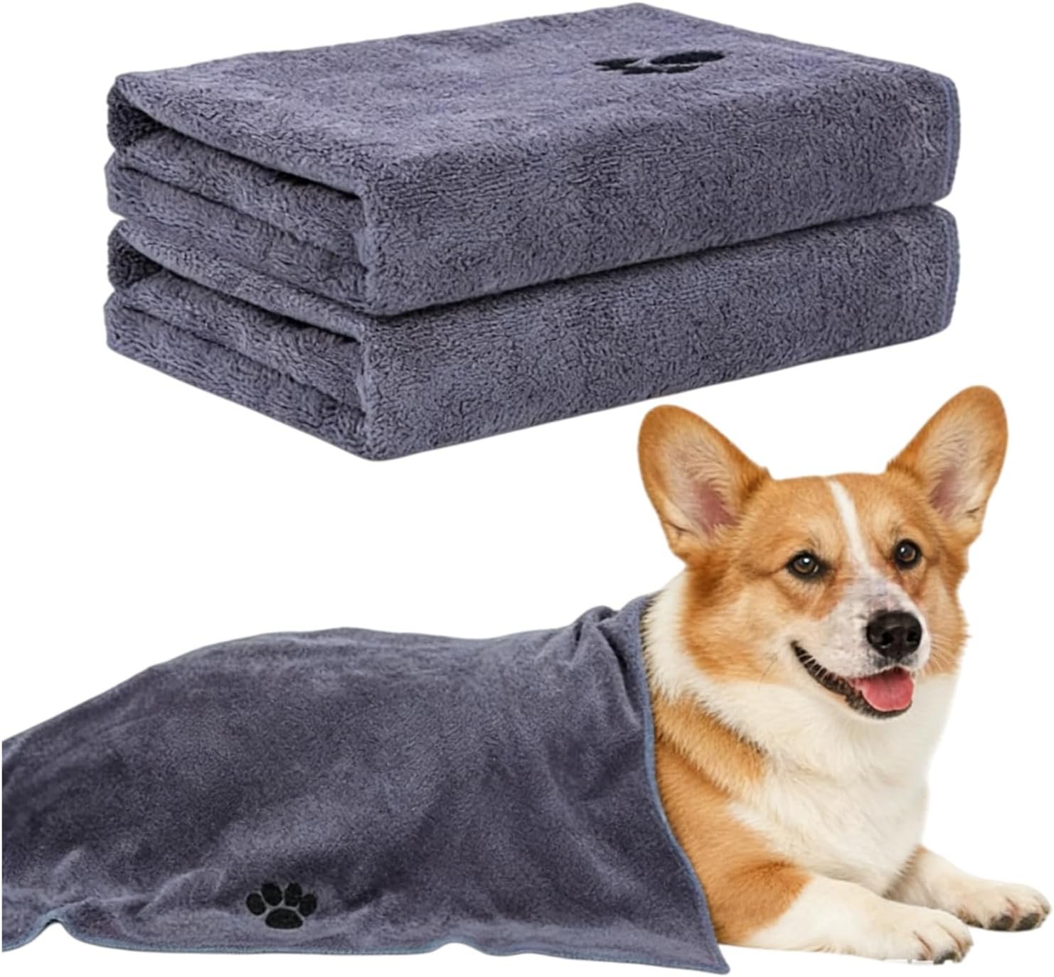 Pet Towel for Dogs and Cats, Gray, Quick-Drying Water-Absorbent Microfiber, 38×19 Inch with Paw Print Design