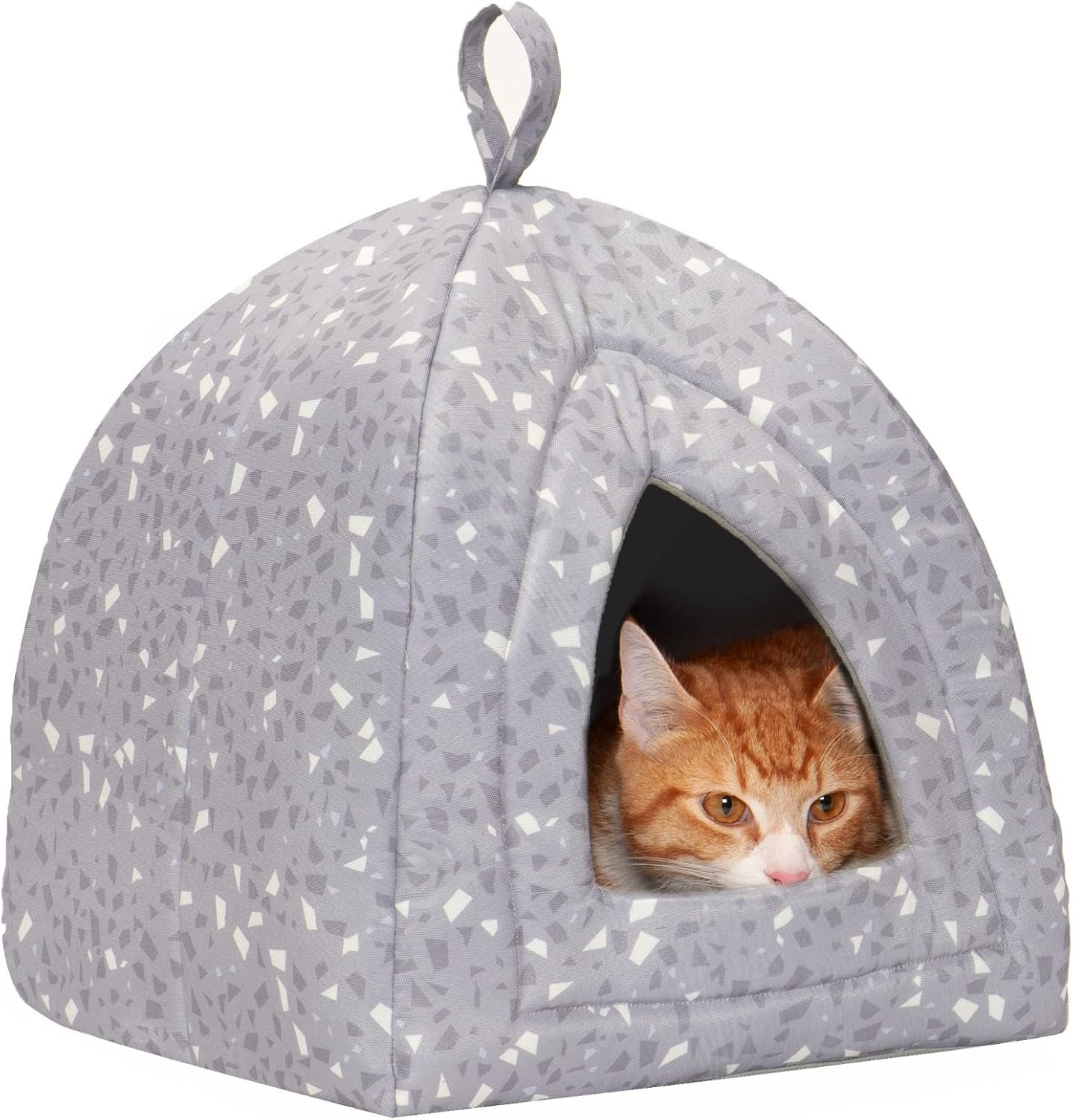 Furhaven Cat Bed Cave for Indoor Cats & Small Dogs, Washable & Foldable w/ Removable Cushion – Polycanvas Print Pet Tent – Gray Terazzo, Small