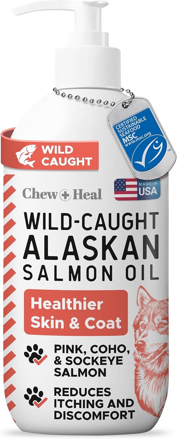 Alaskan Salmon Oil for Dogs and Cats 8oz – Fish Oil Omega 3 EPA & DHA for Skin and Coat, Shedding, Itchy Skin and Allergies, Joint Support – Liquid with Pump, MSC Certified, Made in USA – Chew + Heal