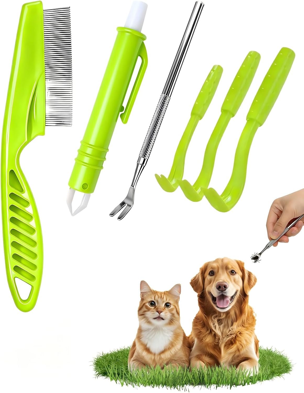 Tick Removal Tool 6 in 1, Pet Tick Remover Kit Twister for Dog, Cat (Green)