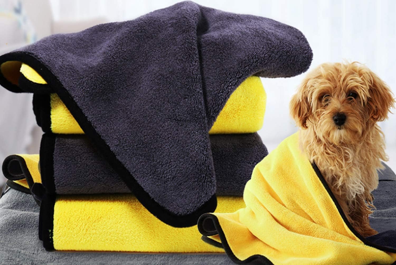 Dog Bath Towel – Super Absorbent Microfiber Dog Towel for Small Dogs and Cats, Yellow & Grey 11.8″ x 23.6″