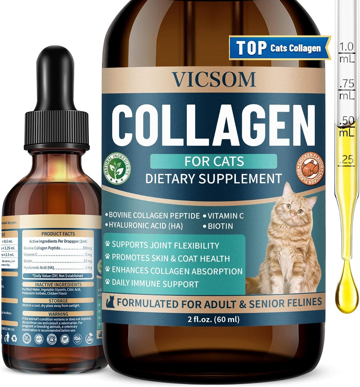 VICSOM Liquid Collagen for Cats, Cat Joint Supplement Drops, Joint & Coat