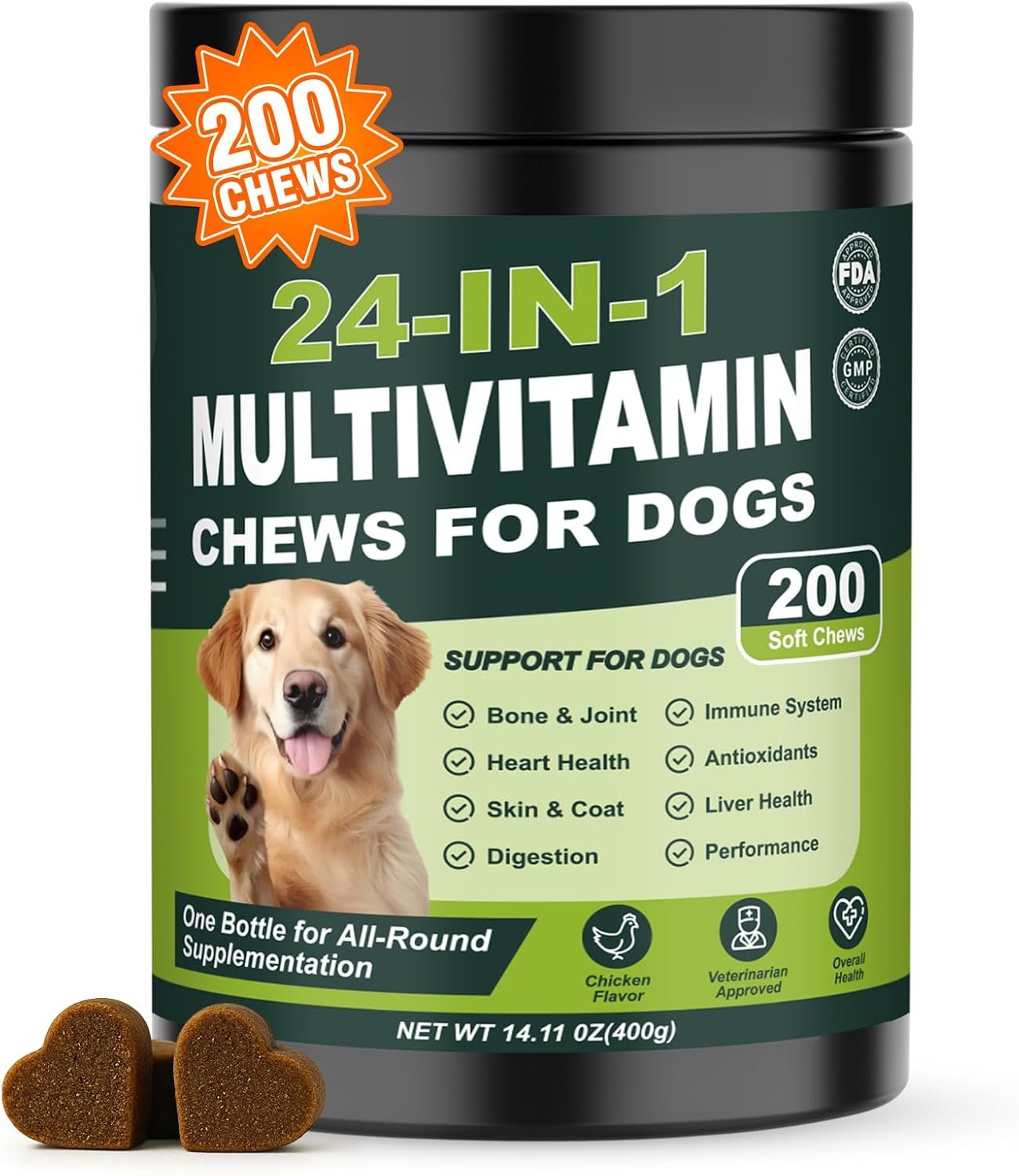 24-in-1 Dog Vitamins and Supplements 200 Ct Daily Multivitamin for Dogs
