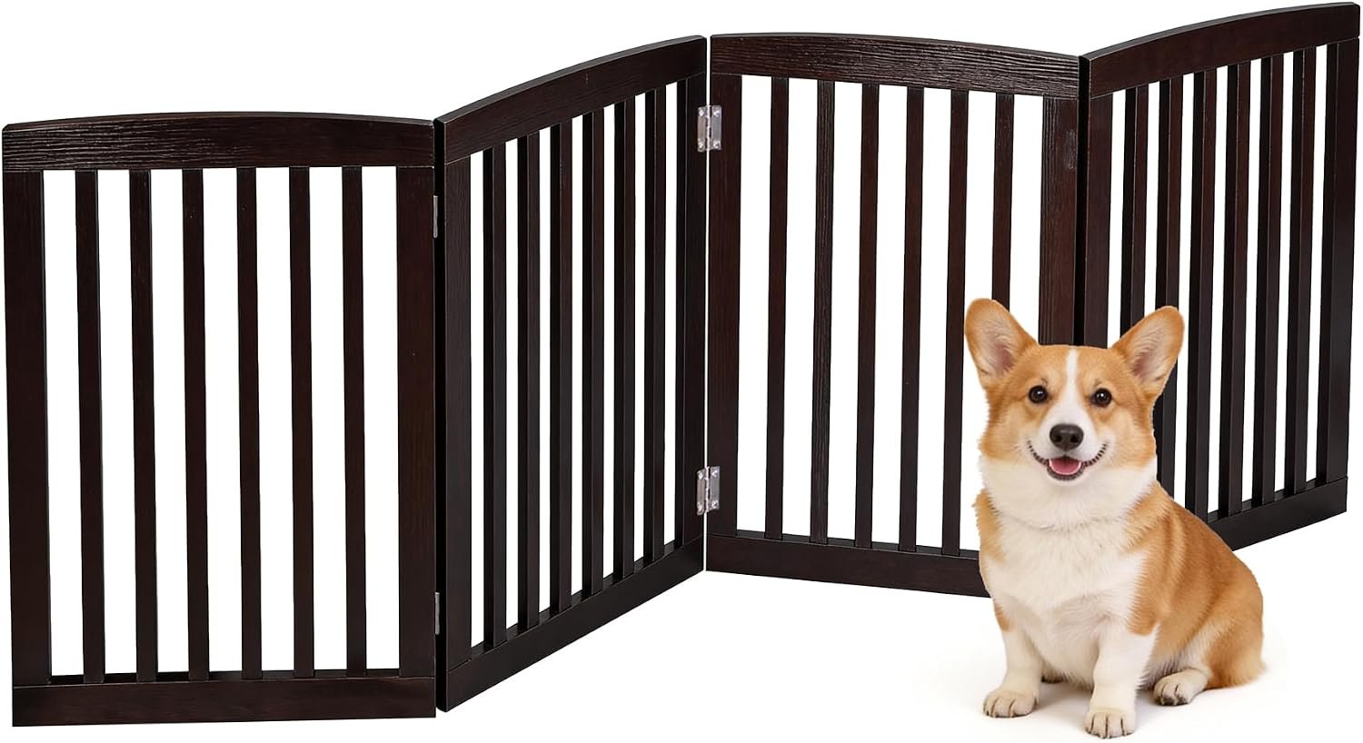 ZENY Freestanding Pet Gate for Dogs – 4 Panels Indoor Foldable Dog Fence for Stairs, Hallways, or Doorways – 82×24-Inch Freestanding Dog Gates, Brown