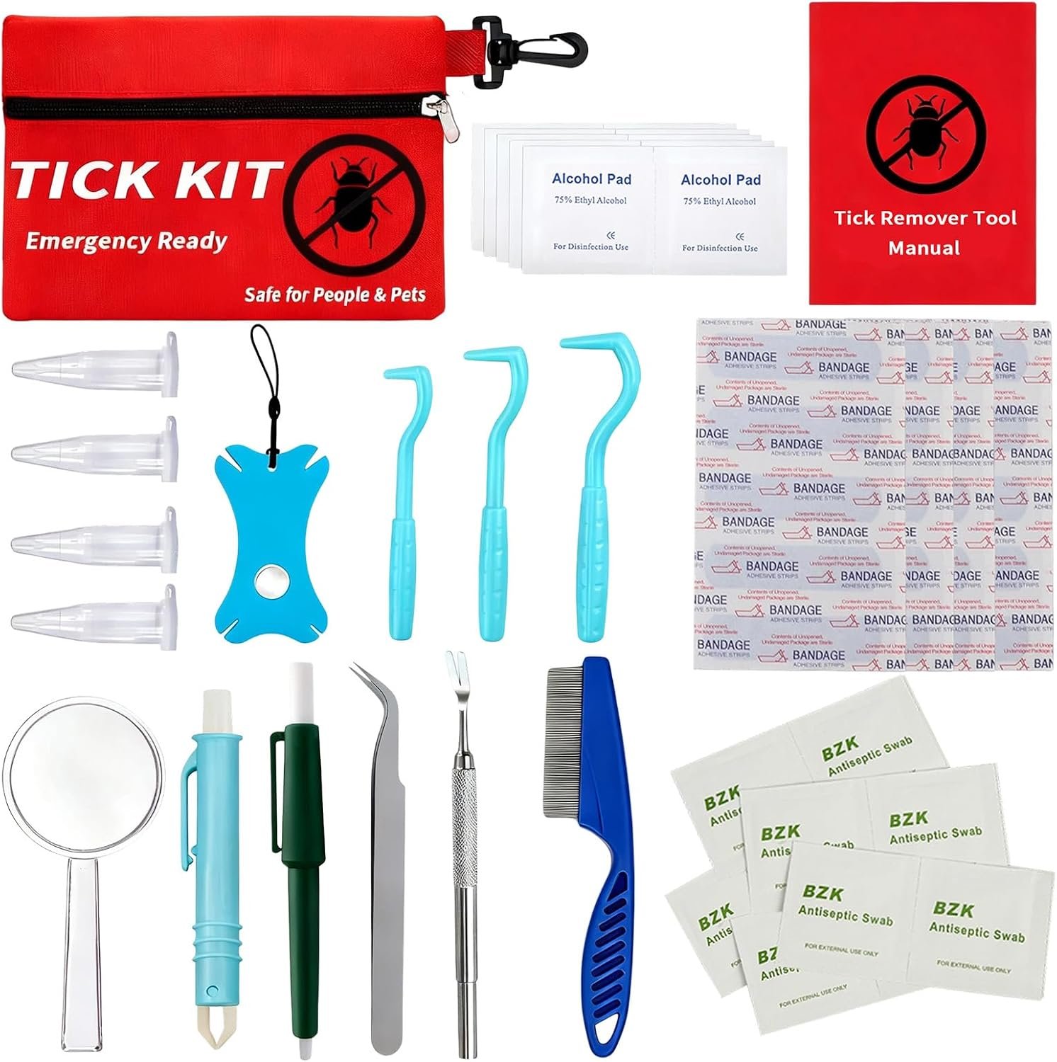 54-in-1 Tick Removal Tool Kit for Humans, Dogs and Cats, Tick Remover Set with Stainless Steel Tick Tweezers, Tick Key, Nippers, Hooks, Twisters, Pullers, Flea Comb and Waterproof Travel Case