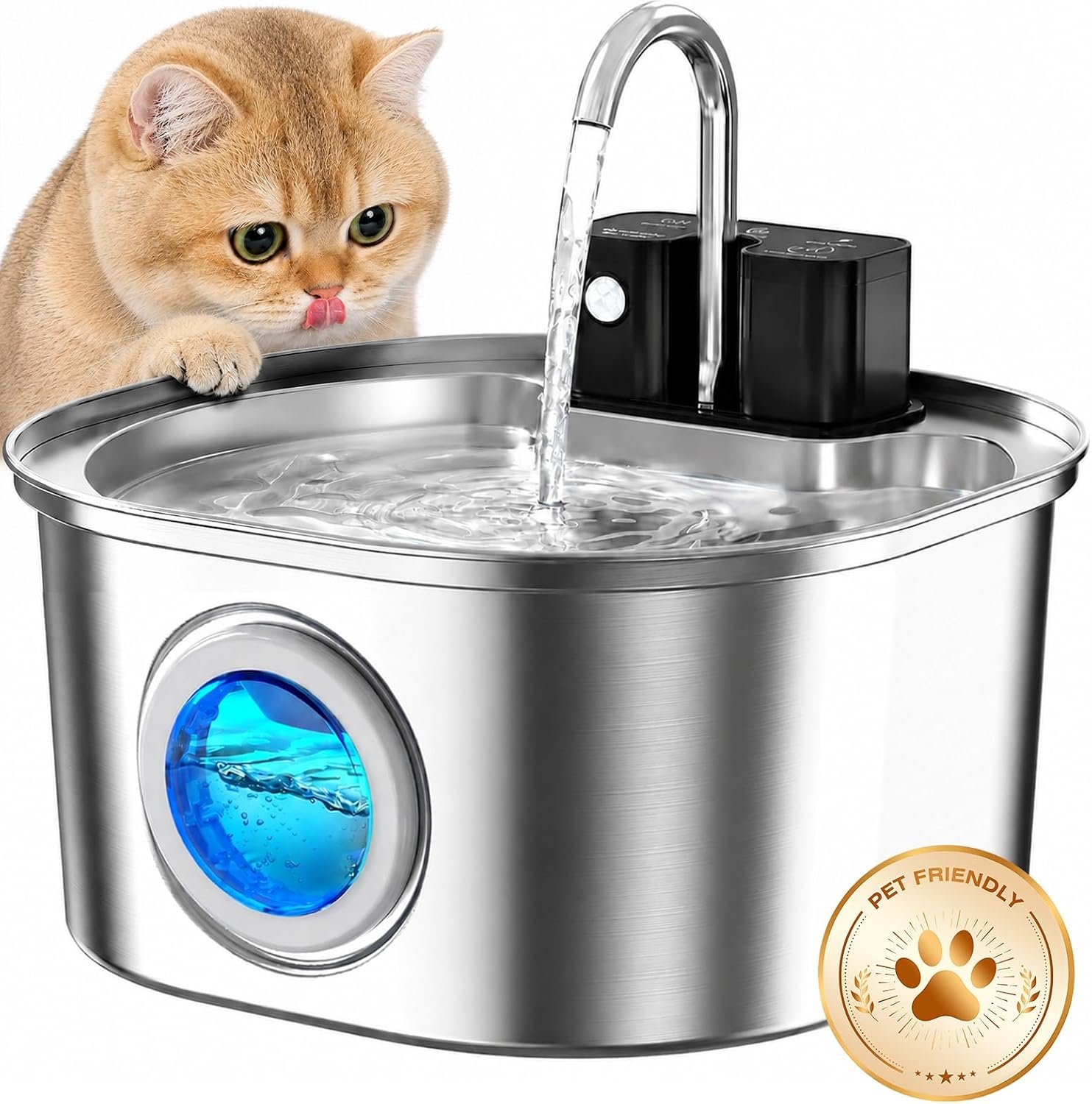 Voluas Stainless Steel Cat Water Fountain, Wireless, 108oz/3.2L, 1 Filter