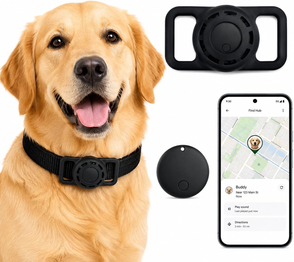 GPS Smart Collar for Dogs, Android Pet Tag. Waterproof, Google Find My Compatible, No Monthly Fee. Advanced Tracker ensures Safety for Small to Large Dogs. (Tracker for Dog)