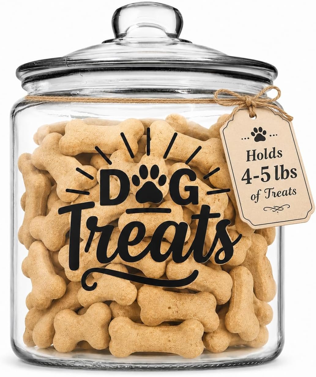 kitchentoolz 1-Gallon Glass Dog Treat Container Airtight – Large Countertop Dog Cookie Jar with Lid for Dog Treat Storage, Decorative Treat Jar & Dachshund Accessories