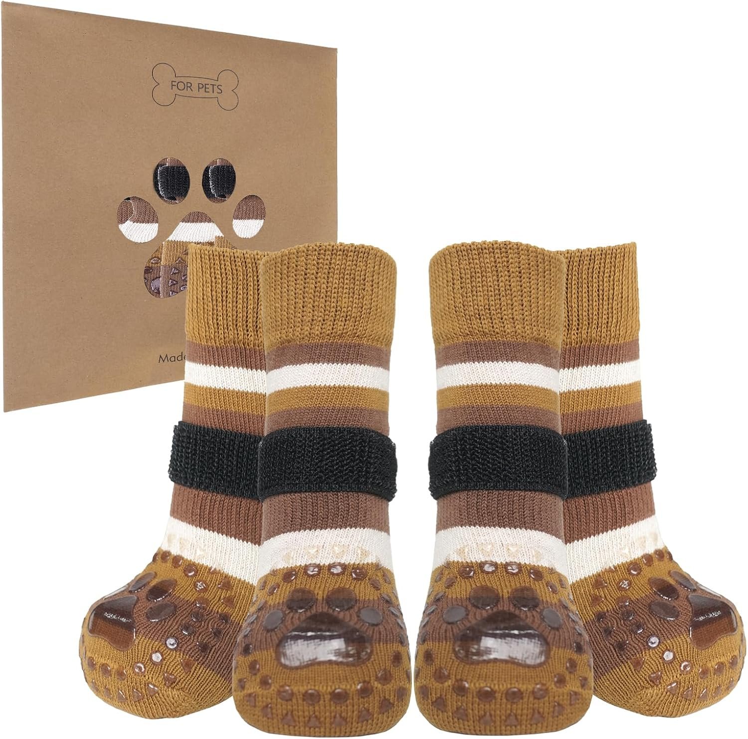 PAWCHIE Anti Slip Dog Socks, Dog Boots for Hardwood Floors to Prevent Licking Paws with Grippers, Traction Control Waterproof Rubber Sole Paw Protectors for Small Medium Large Senior Dogs, Brown M
