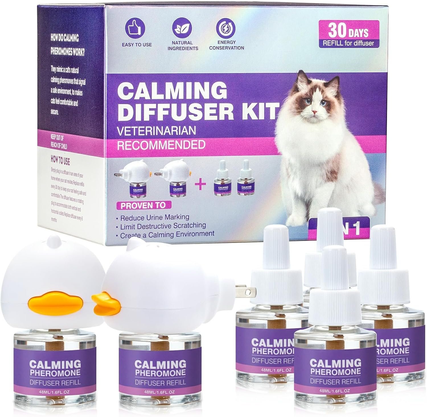 Cat Calming Diffuser, Pheromone Diffuser Effectively Relieve Anxiety Stress Cat Calming Diffuser Comfort for Cats Refill 2 Diffusers + 4 Refills Reduce Fighting Spraying and Scratching Calm Relaxing