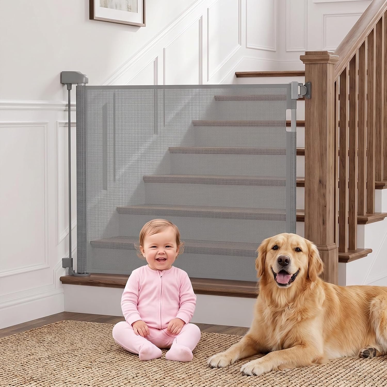 Retractable Baby Gate 55 Inch Wide for Indoor & Outdoor, Mesh Safety Gate
