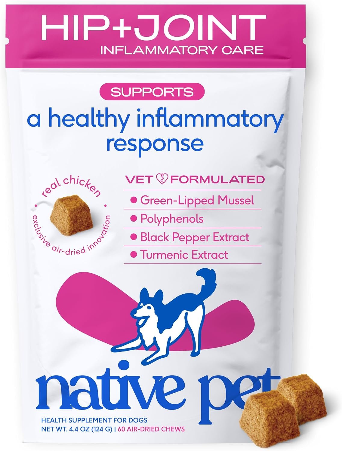 Native Pet Inflammatory Care – Pain Relief for Dogs – Green-Lipped Mussel, Turmeric & Collagen for Dogs – Hip and Joint Supplement Supports Healthy Inflammatory Response & Joint Comfort – 60 Chews