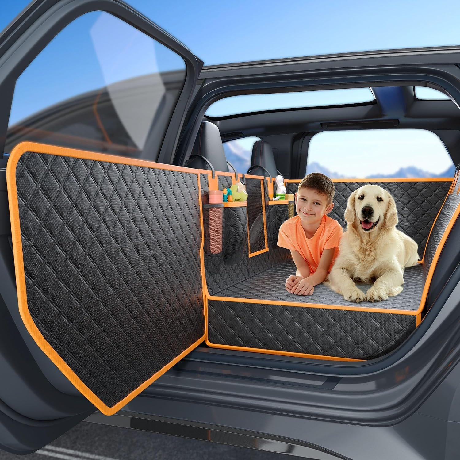 Twesync Dog Seat Cover for Back Seat, Hard Bottom Back Seat Extender, 100% Waterproof & Machine Washable, 600D Heavy Duty, Supports 400lbs for Travel & Camping, Dog Back Seat Pet Cover for Cars
