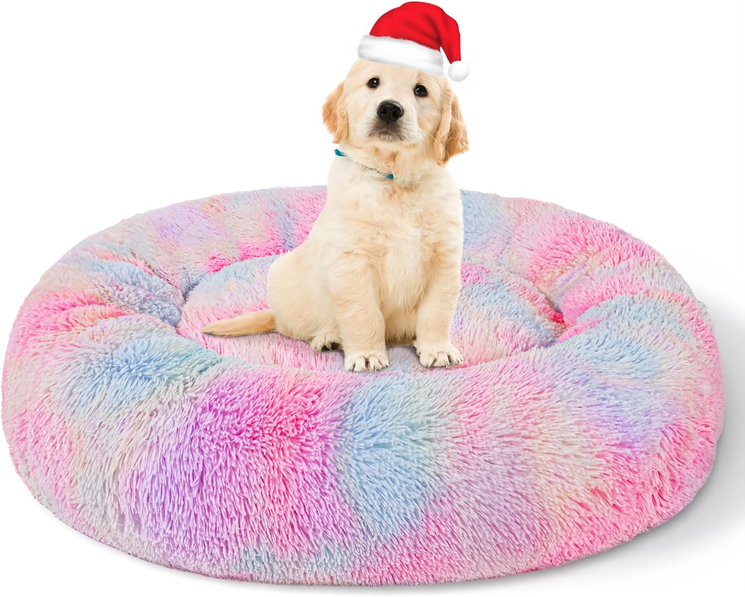 Patas Lague Calming Dog Bed for Small Dogs, Fluffy Soft Cozy Cat Bed, Faux Fur Anti-Anxiety Plush Washable Pet Donut Cuddler for All Seasons 20IN, Mixed Rainbow