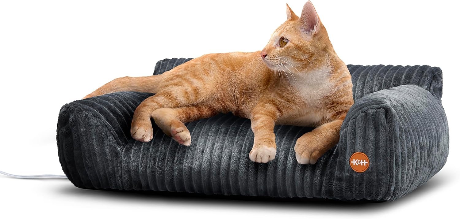K&H Heated Cat Bed, Thermo Pet Sofa Indoor, Safety Listed, 26x18in, Gray