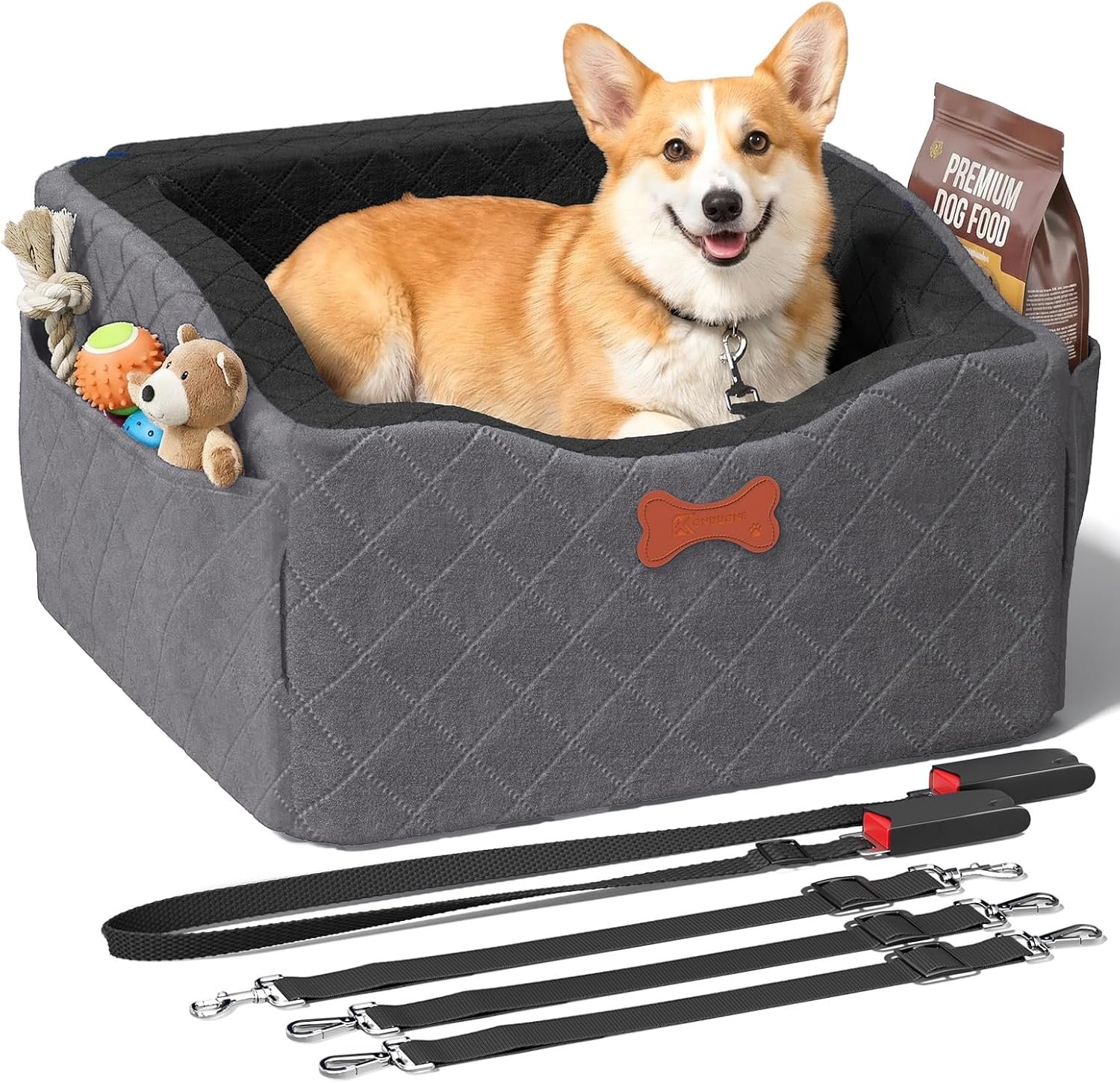 Dog Car Seat for Small Medium Dogs, 6″ Elevated Booster Seat with ISOFIX Safety Fixation, Washable Cover & High Density Memory Foam, Portable for Car Front/Rear/Trunk Home Outdoor Use (Charcoal Gray)