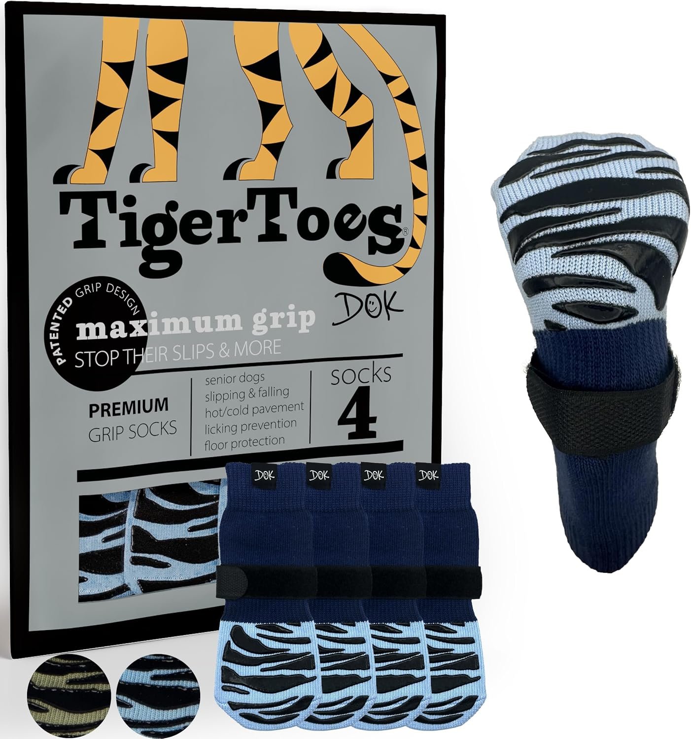 DOK TigerToes Premium Non-Slip Dog Socks for Hardwood Floors – Extra-Thick Grip that Works Even When Twisted – Prevents Licking, Slipping, and Great for Dog Paw Protection (Breezy Blue, Medium)