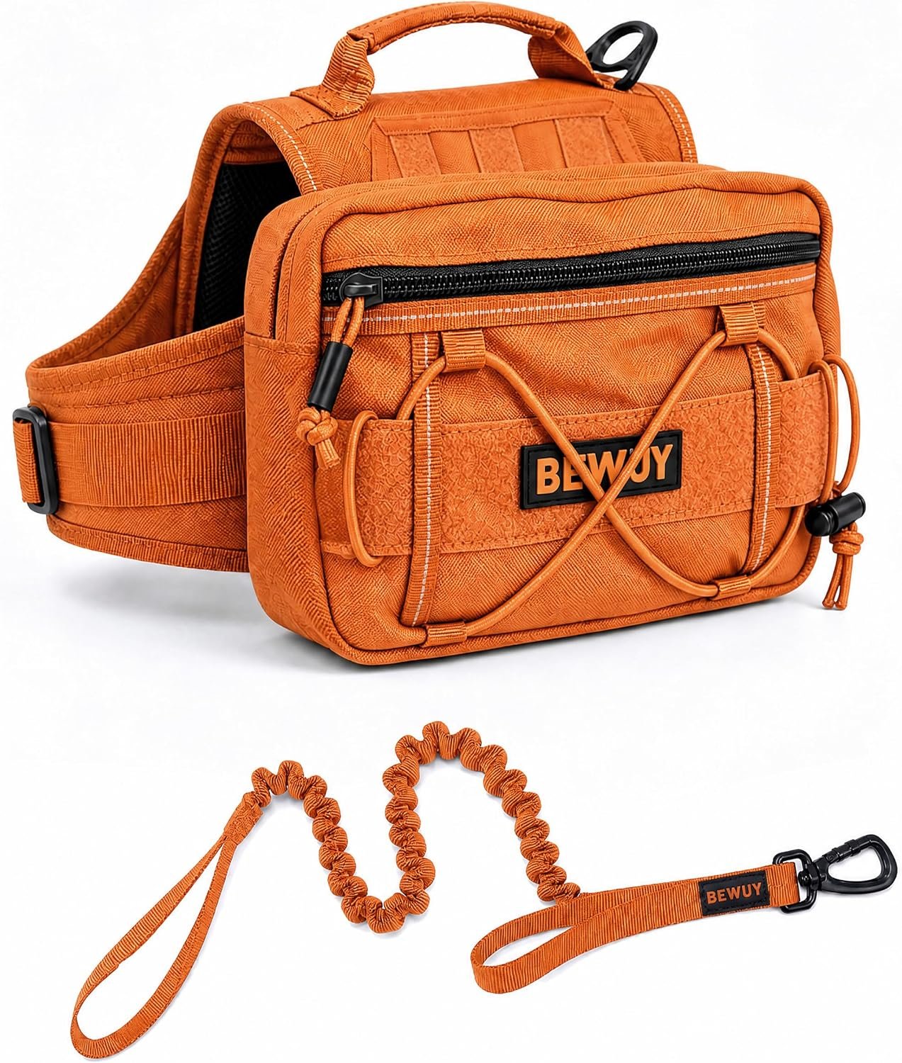 Tactical Dog Backpack for Medium Large Dogs, Reflective Pack Harness with Storage, Poop Bag Pocket, Includes Free Anti-Pull Leash (Orange, L)