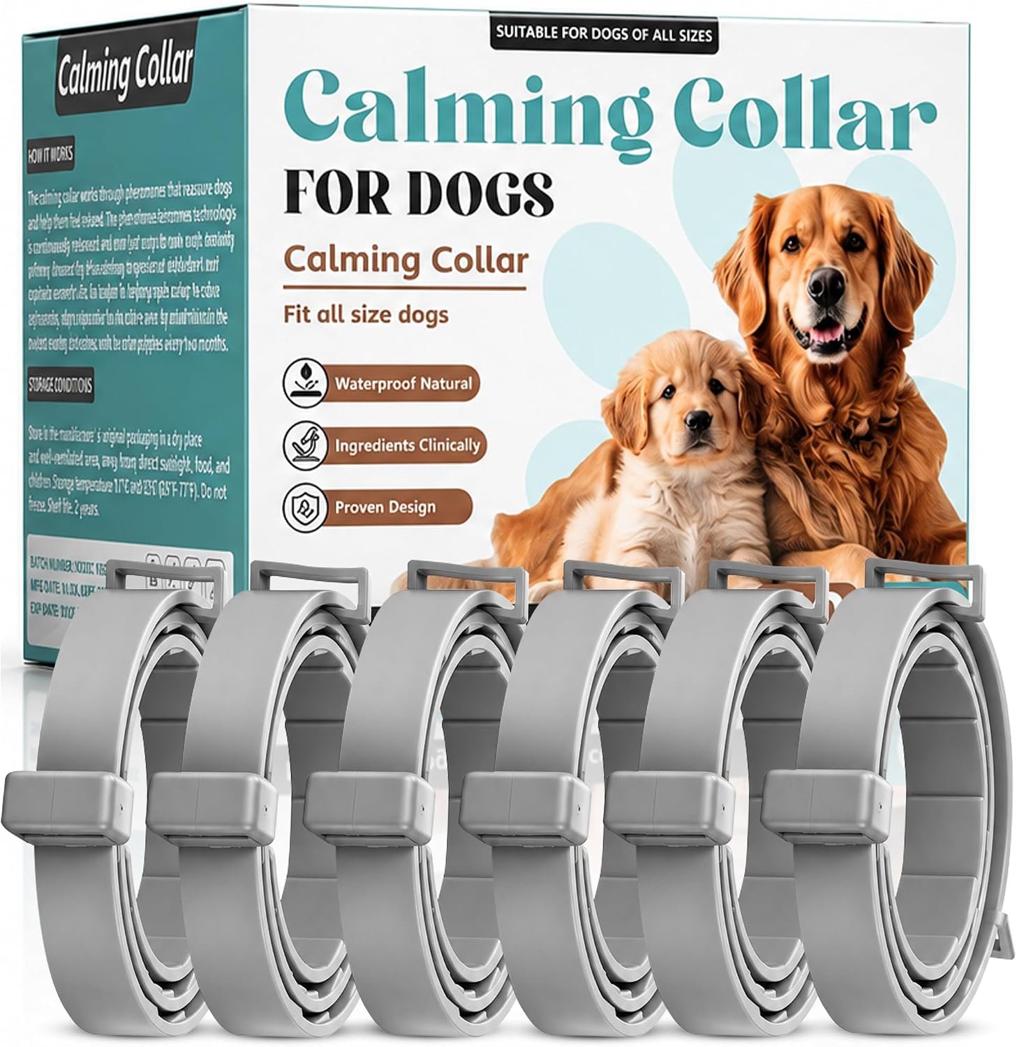 Calming Collar for Dogs – 6 Pack Pheromone Dog Anxiety Collar, Adjustable 25 Inch, Long-Lasting Stress Relief, Waterproof, All Breeds & Puppies, Up to 60 Days Per Collar (Grey)