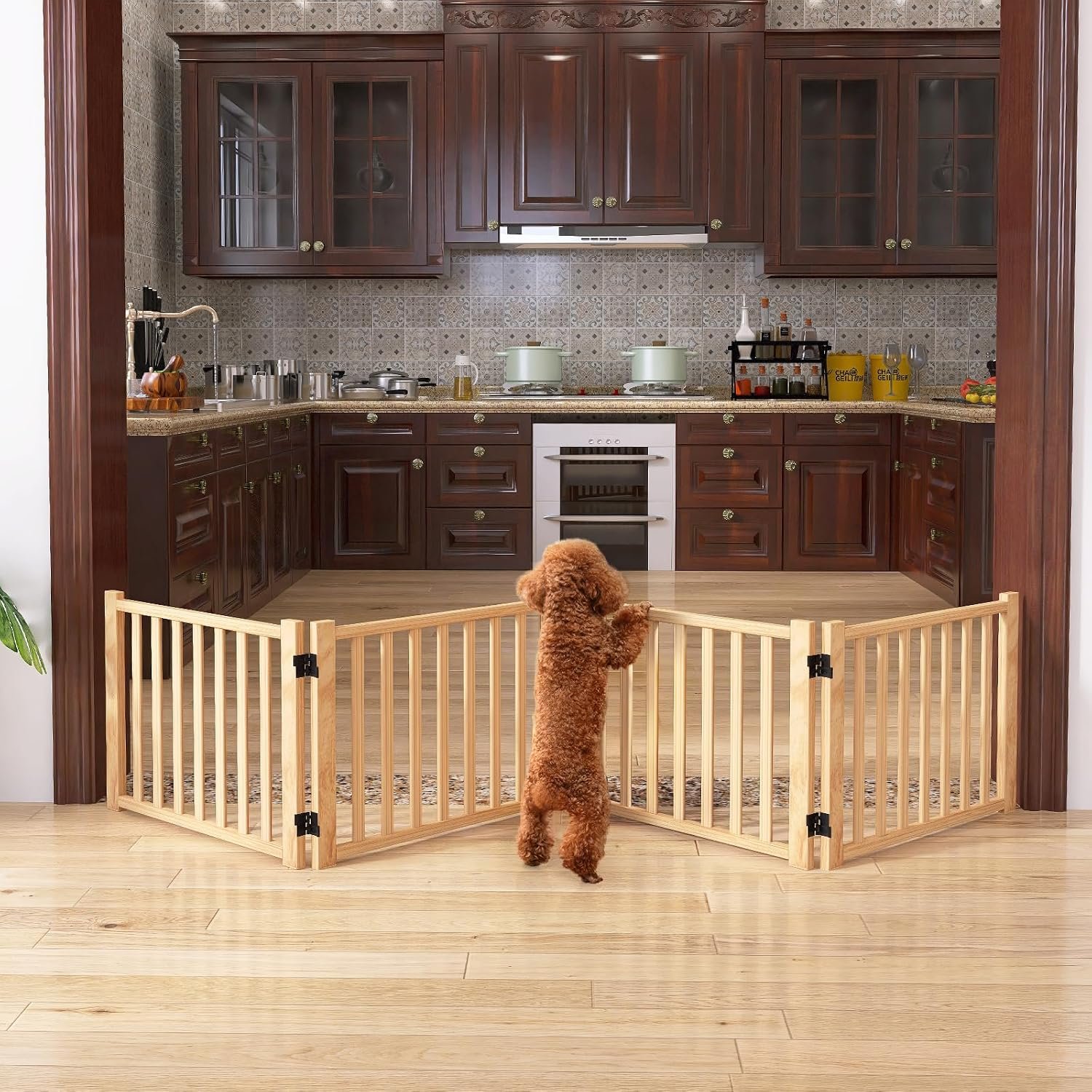 YOCAN Non-Painted Wooden Freestanding Dog Gates – 4 Panel H:16.9″