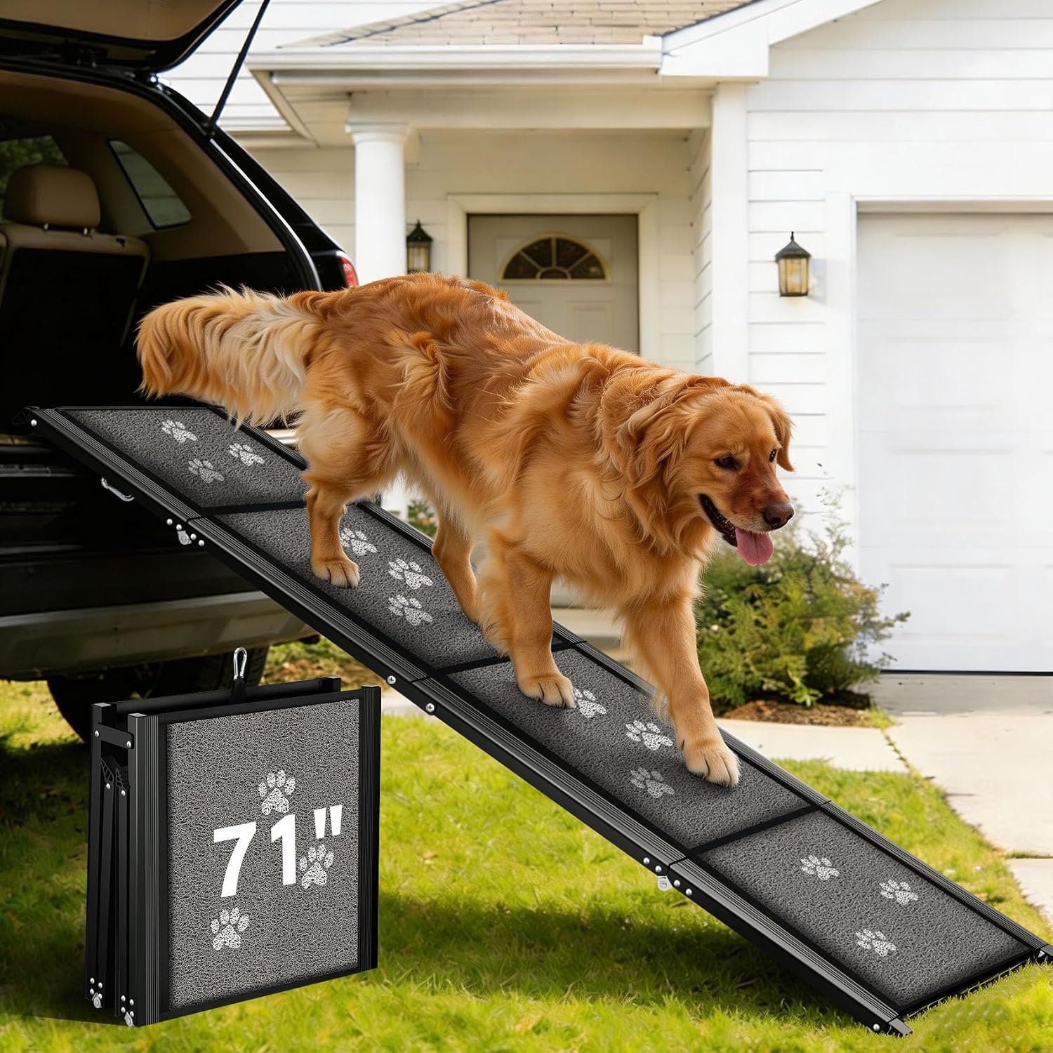 Upgraded Dog Ramp for Car 71″ X-Long & 19.7″ Wider Portable Dog Ramps for Large Dogs Non Slip Rug Surface Extra Wide Steps for SUV Car and Truck Folding Pet Ramp Supports Up to 270LBS