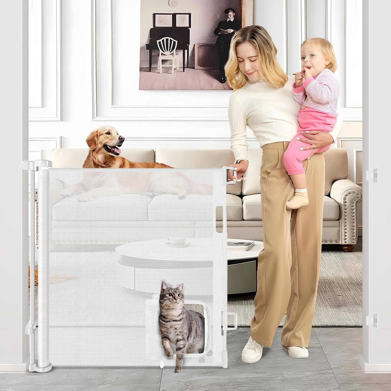 Retractable Baby Gate with Cat Door 55″ Wide Retractable Baby Gate for Stairs Mesh Baby Gate with Pet Door Retractable Dog Gate for The House Retractable Pet Gate with Door Safety Gates for Toddlers