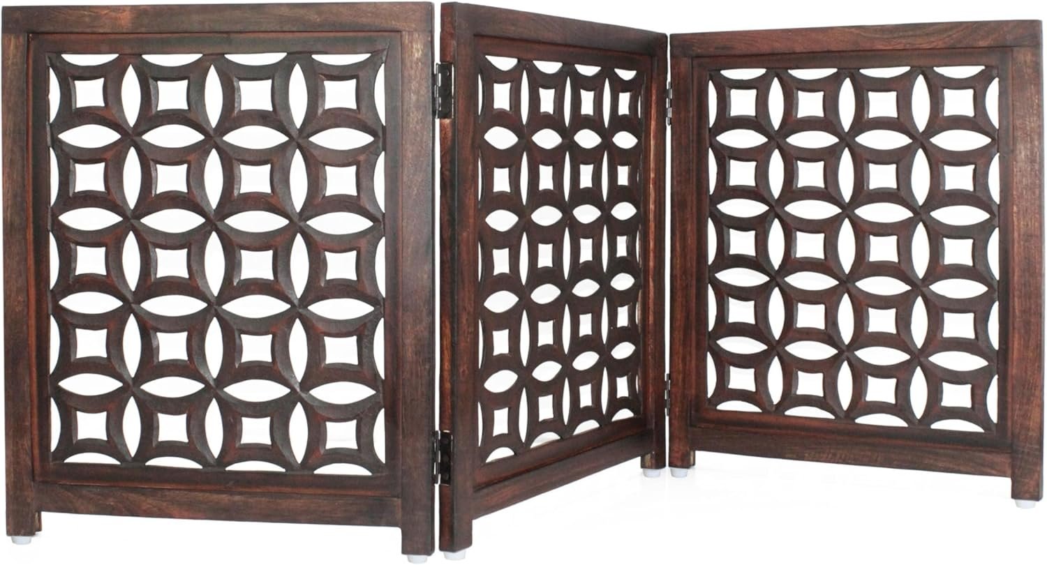 Wooden Foldable Pet Dog Gate – Hand Carved 3-Panel 60 W x 24 H