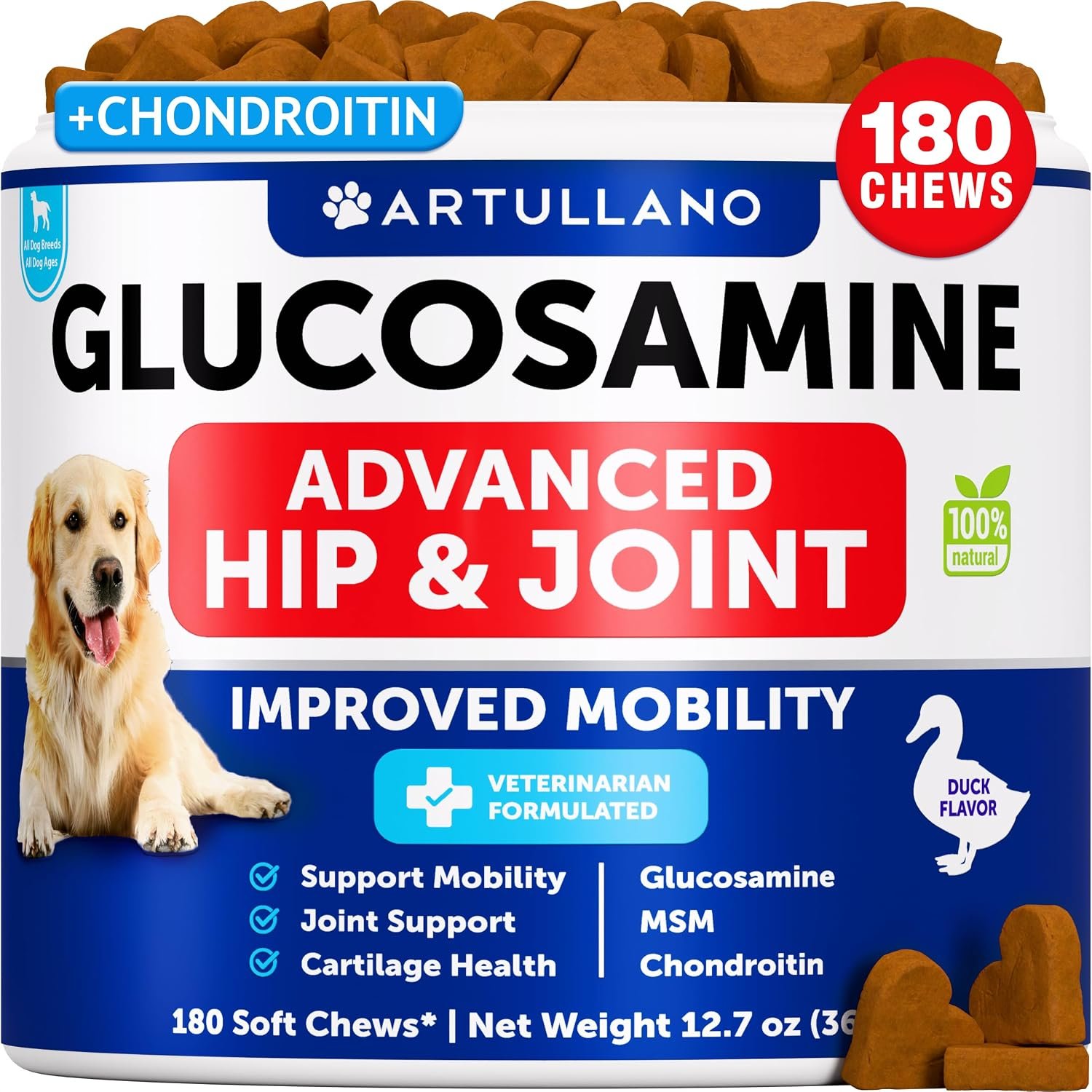 Glucosamine for Dogs – 180 Chews – Glucosamine Chondroitin for Dogs w/ Hemp