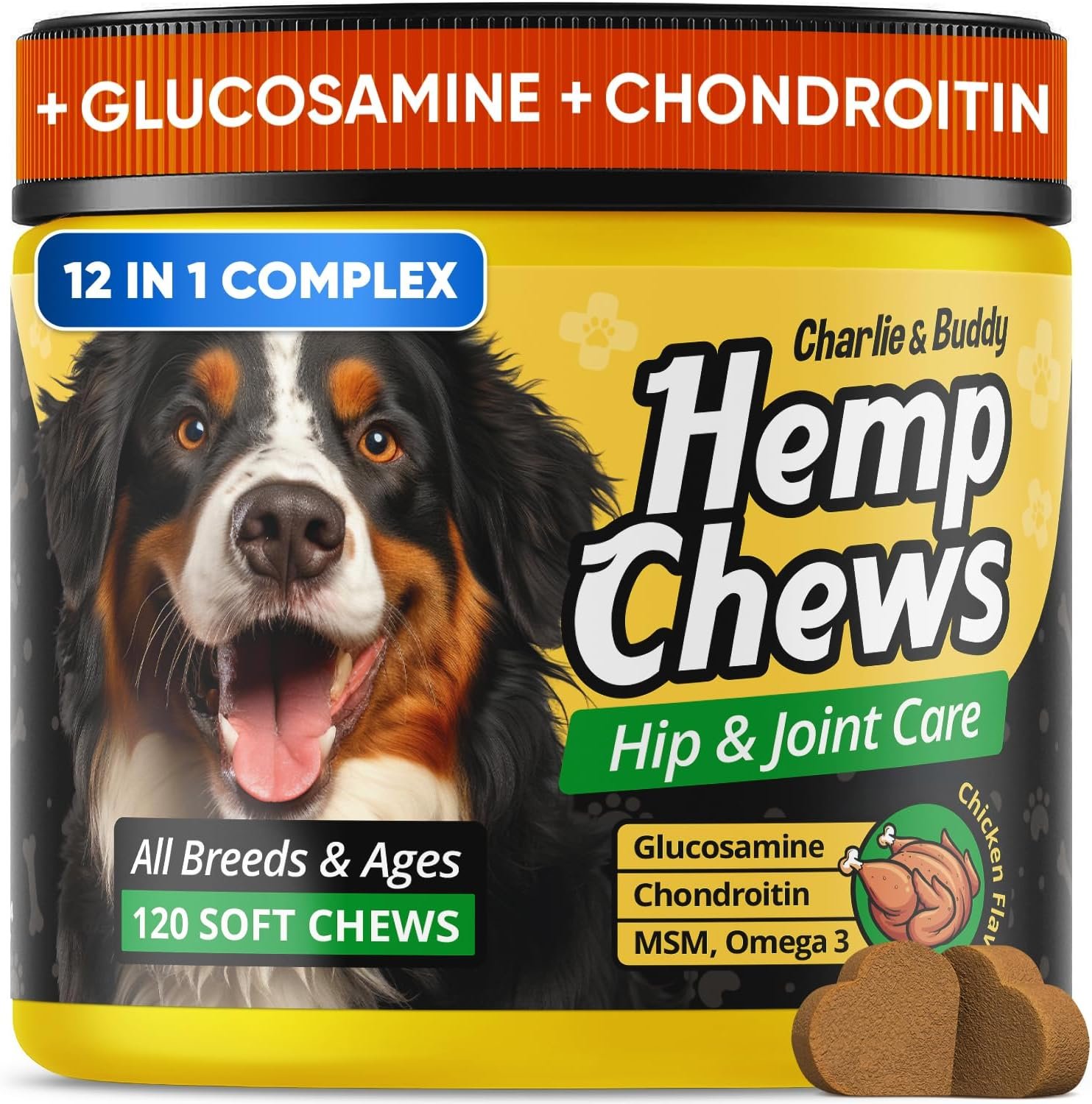 Glucosamine for Dogs – Hеmp Calming Chews with Glucosamine & Chondroitin – Daily Support with MSM, Omega 3 and Turmeric for Senior and Large Breed Dogs – Chicken Flavor, 120 Soft Treats