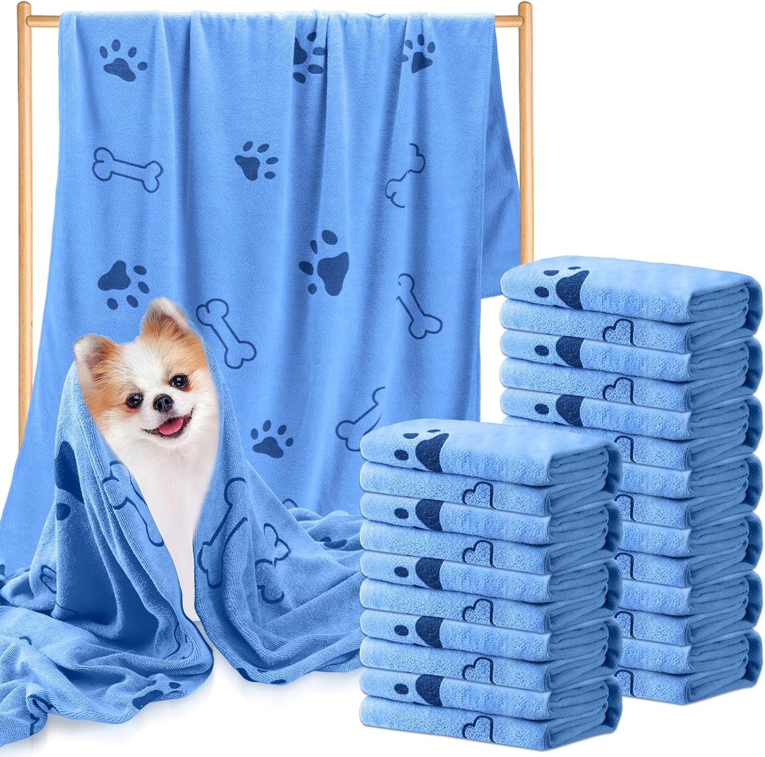 Tatuo 12 Pcs Dog Grooming Towels 28 x 55 Inch Microfiber Drying Pet Bath Towels Dog Absorbent Towel Quick Drying Puppy Bathing Supplies for Small Medium Large Puppy Cat(Blue,Paw, Bone)