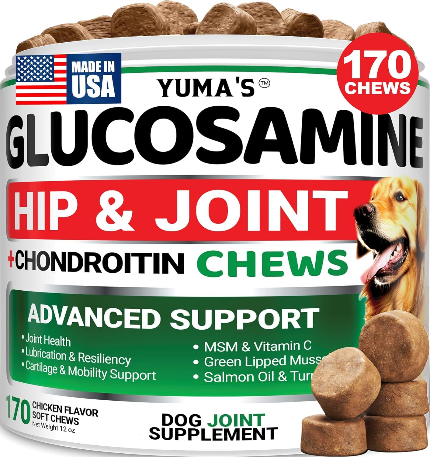 Glucosamine for Dogs, 170 Chews, Hip and Joint Supplement for Dogs Mobility