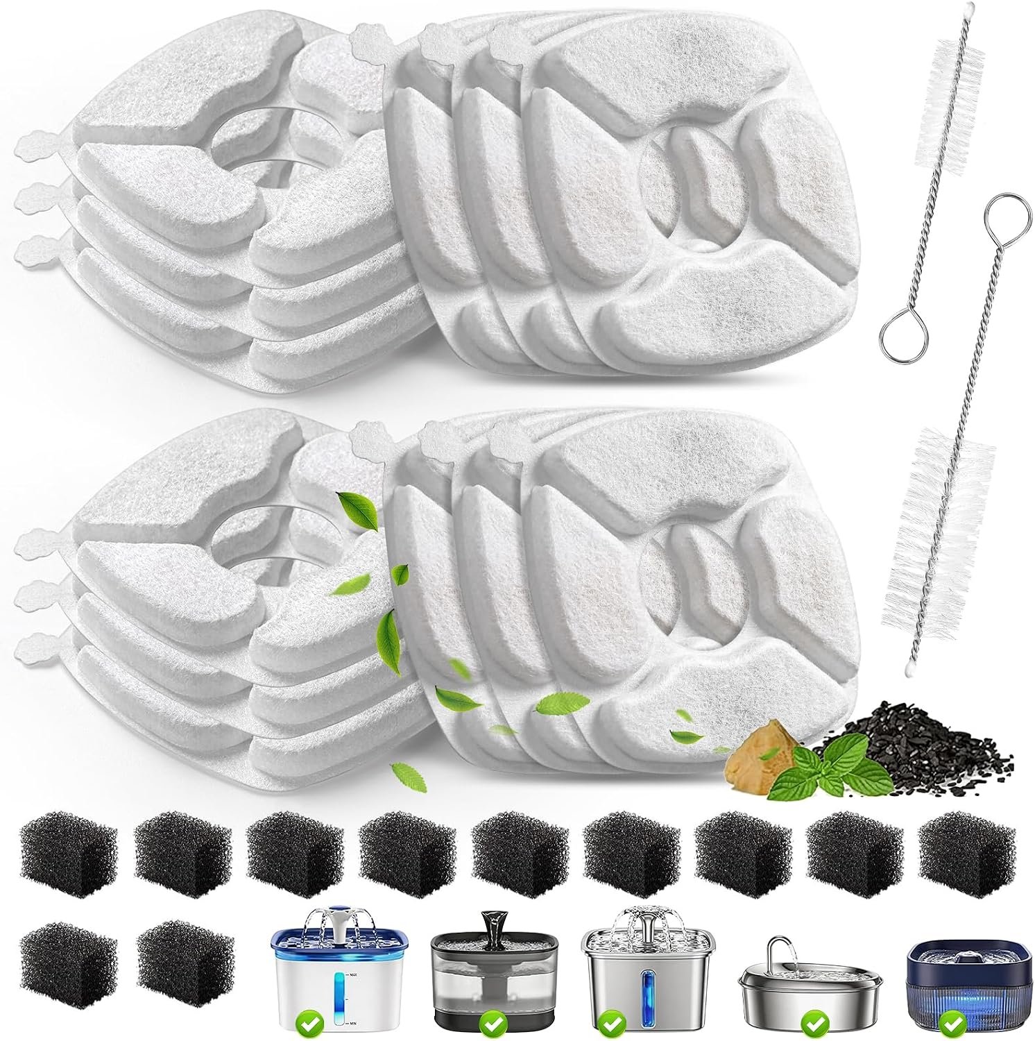 Cat Water Fountain Replacement Filters-12 Pack Cat Fountain Filters with 12 Pack Sponges, Enhanced Compatibility Pet Fountain Filter Fit for 50oz, 84oz, 95oz or 108oz Automatic Pet Dog Water Dispenser