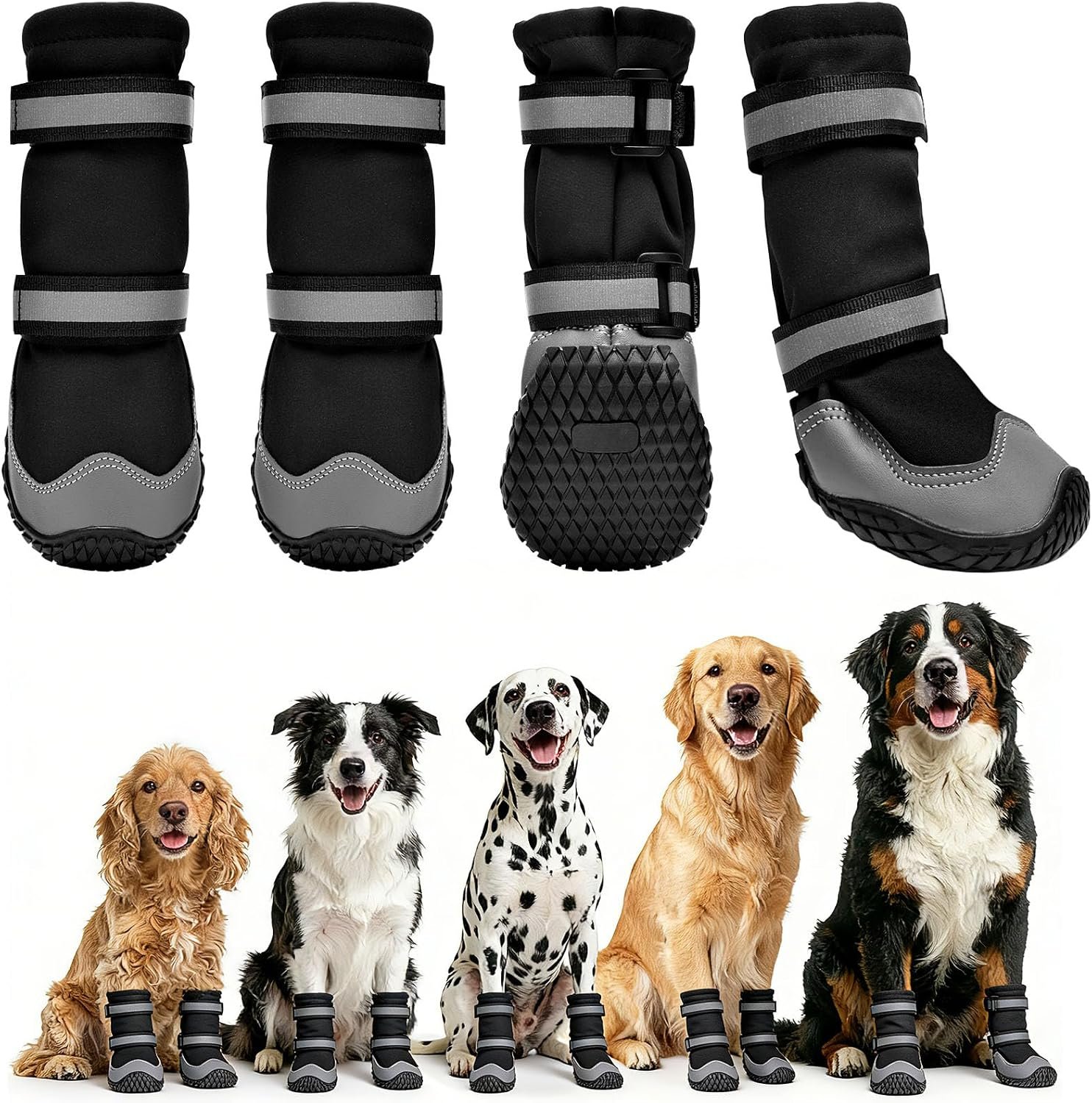 Dimicoo Dog Shoes,Waterproof Dog Boots for Winter,Anti-Slip Dog Snow Booties for Large Small Medium Dogs,Reflective Paw Protectors for Outdoor Walking Hiking